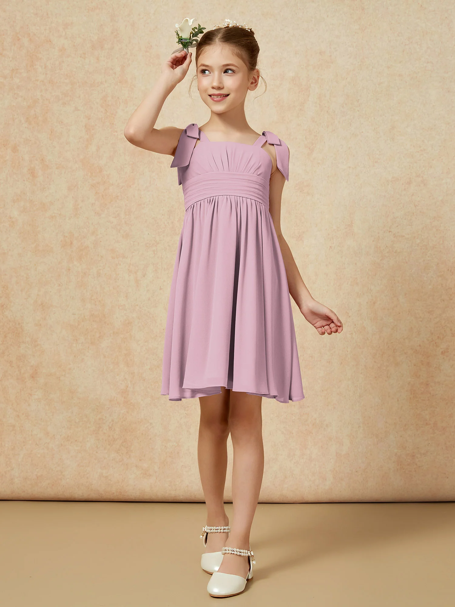 Bowknot Straps Knee-length Junior Bridesmaid Dresses Vintage Mauve - Image 4