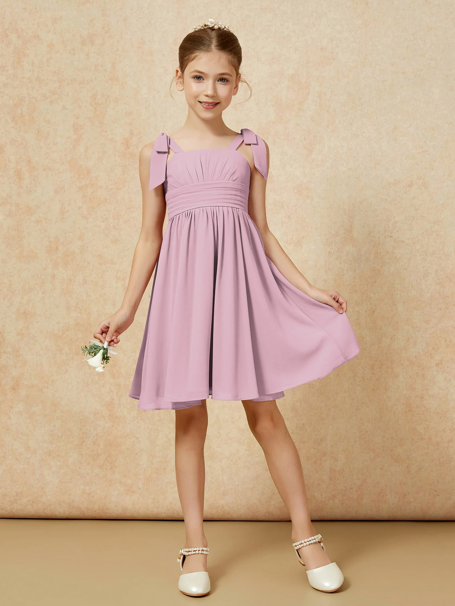 Bowknot Straps Knee-length Junior Bridesmaid Dresses Vintage Mauve - Image 5