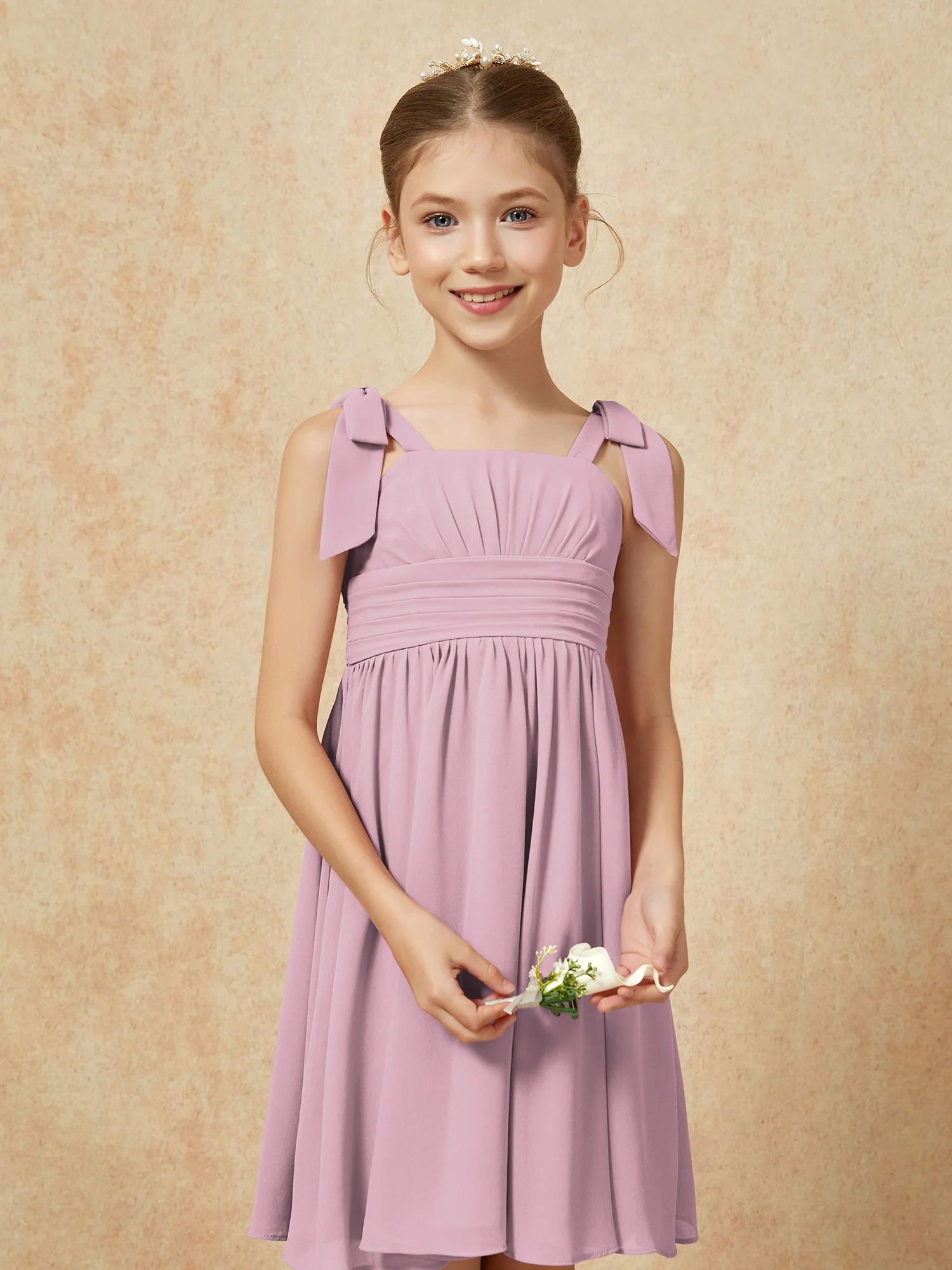Bowknot Straps Knee-length Junior Bridesmaid Dresses Vintage Mauve - Image 6