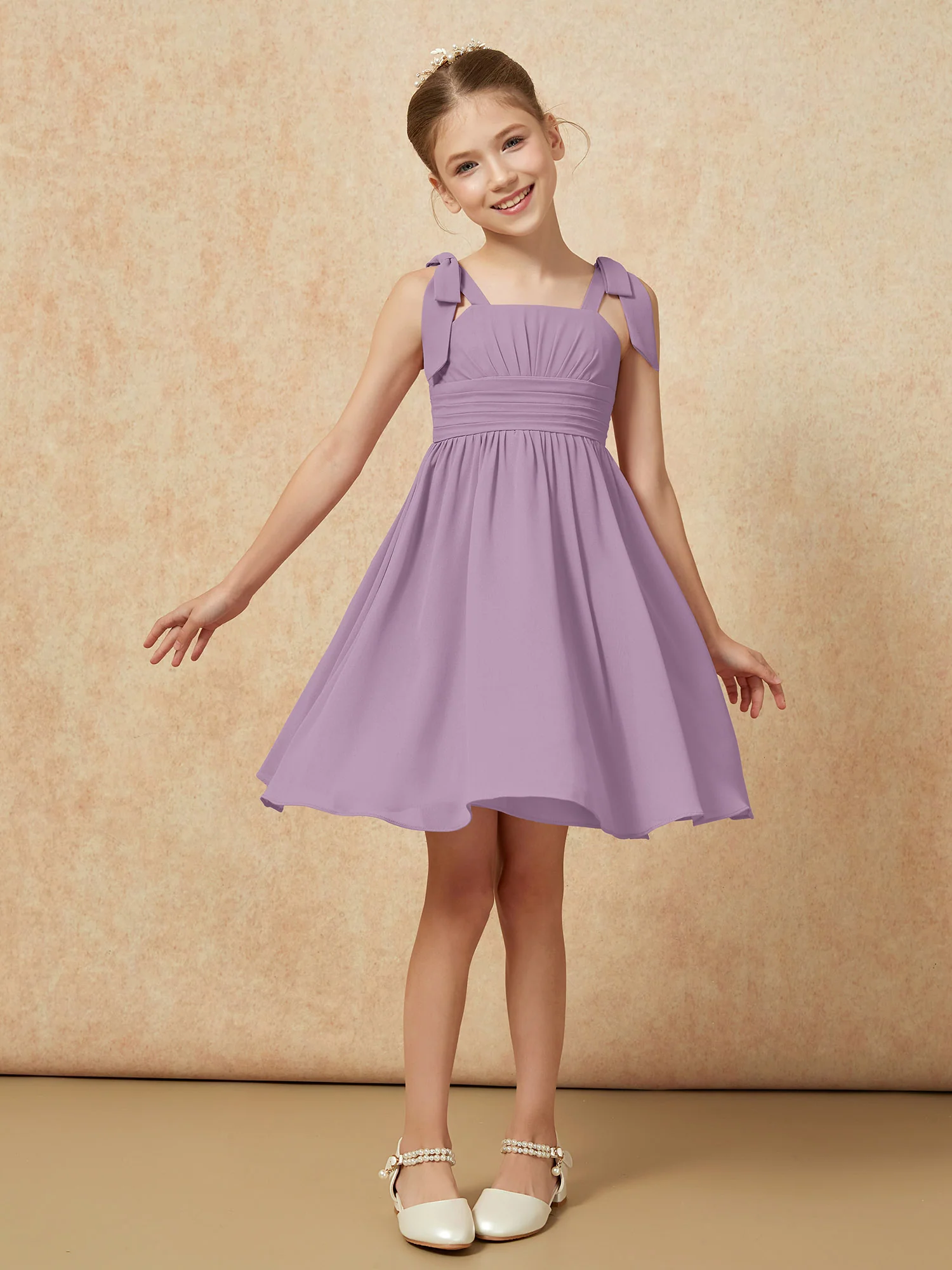 Bowknot Straps Knee-length Junior Bridesmaid Dresses Wisteria
