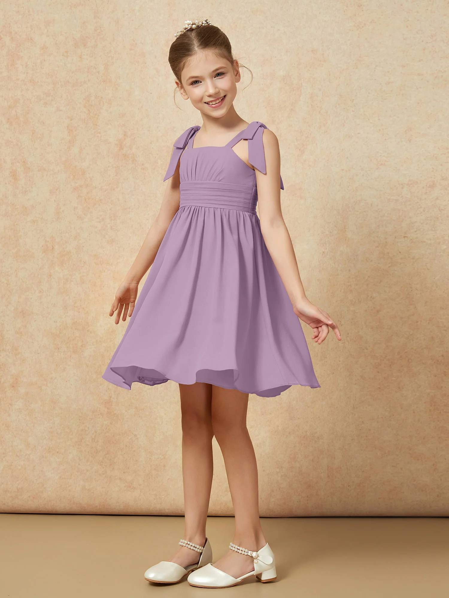 Bowknot Straps Knee-length Junior Bridesmaid Dresses Wisteria - Image 3