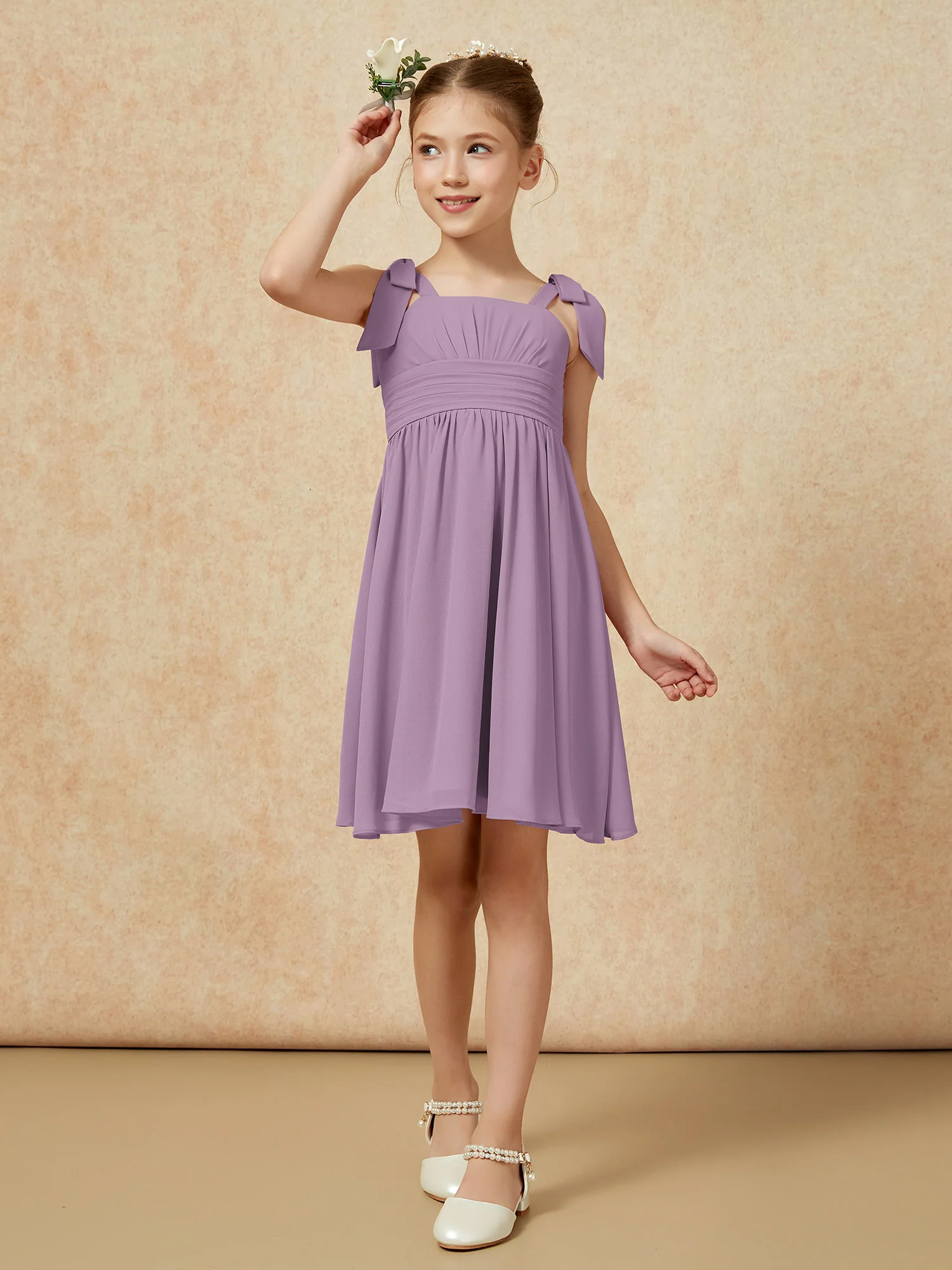 Bowknot Straps Knee-length Junior Bridesmaid Dresses Wisteria - Image 4