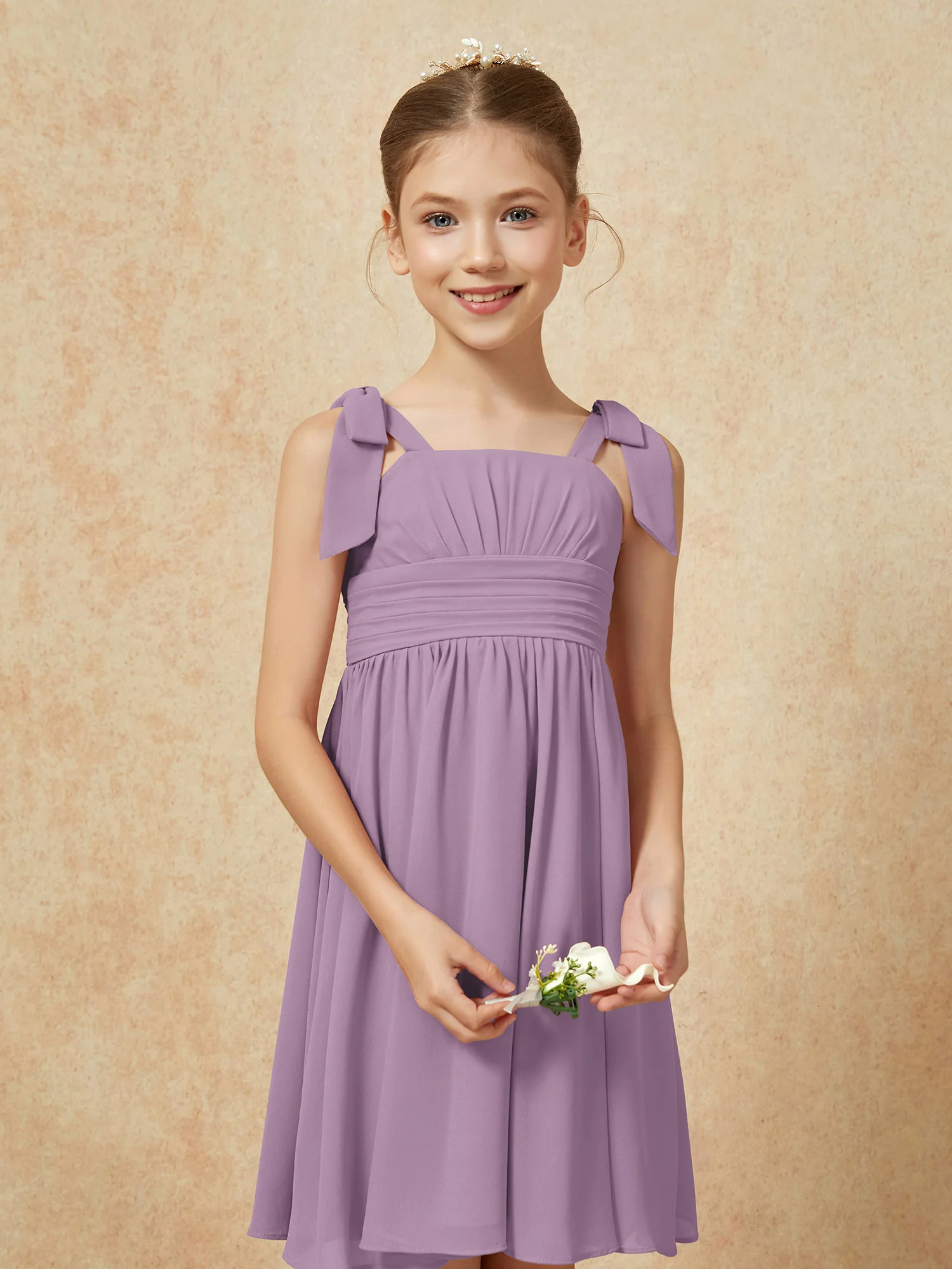 Bowknot Straps Knee-length Junior Bridesmaid Dresses Wisteria - Image 6