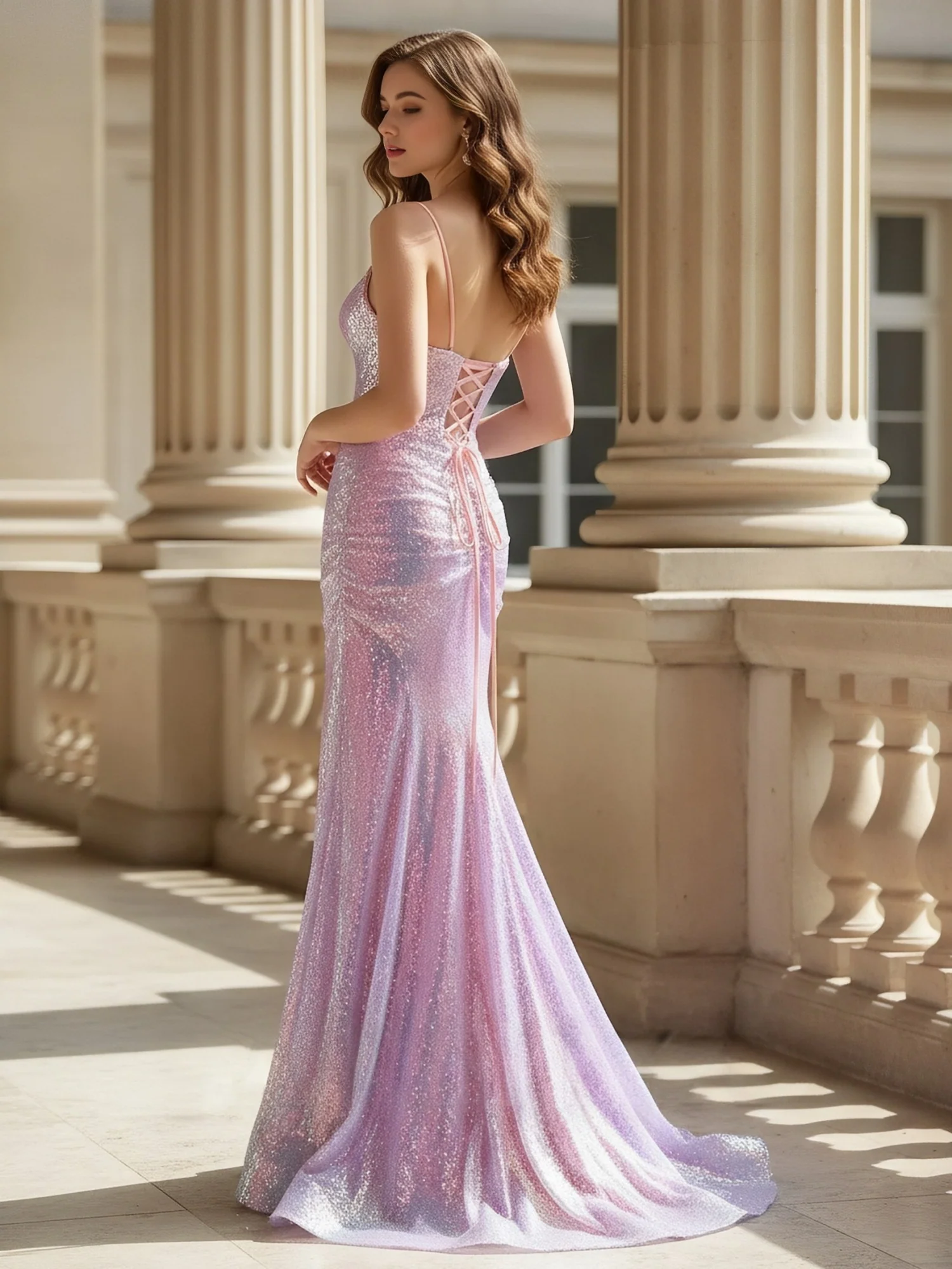 V-neck Sequin Mermaid Ruched Sweep Train Dress Lilac - Image 2