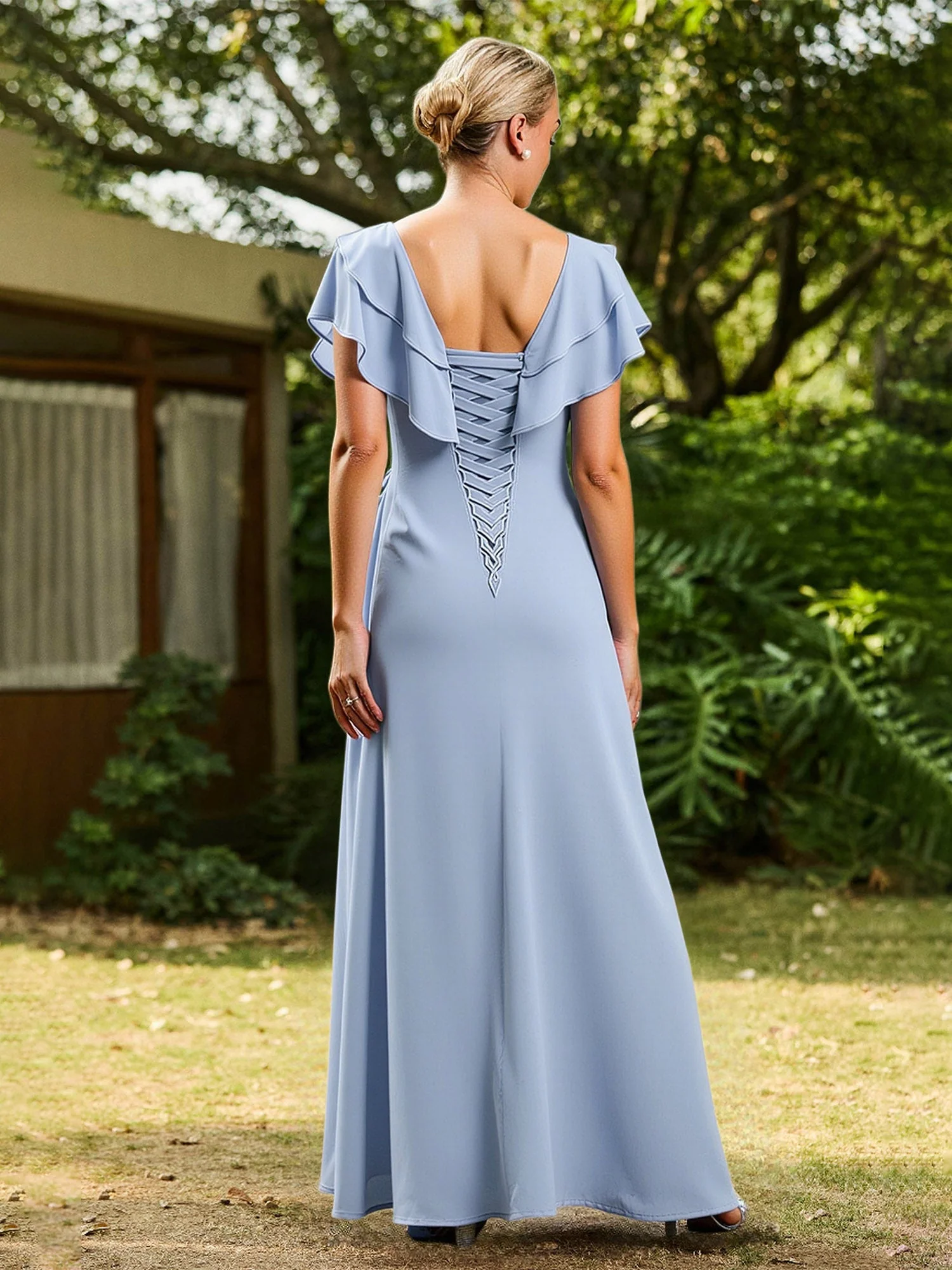 A-Line Flutter Sleeves Ruffles Chiffon Long Dress Dusty Rose - Image 2