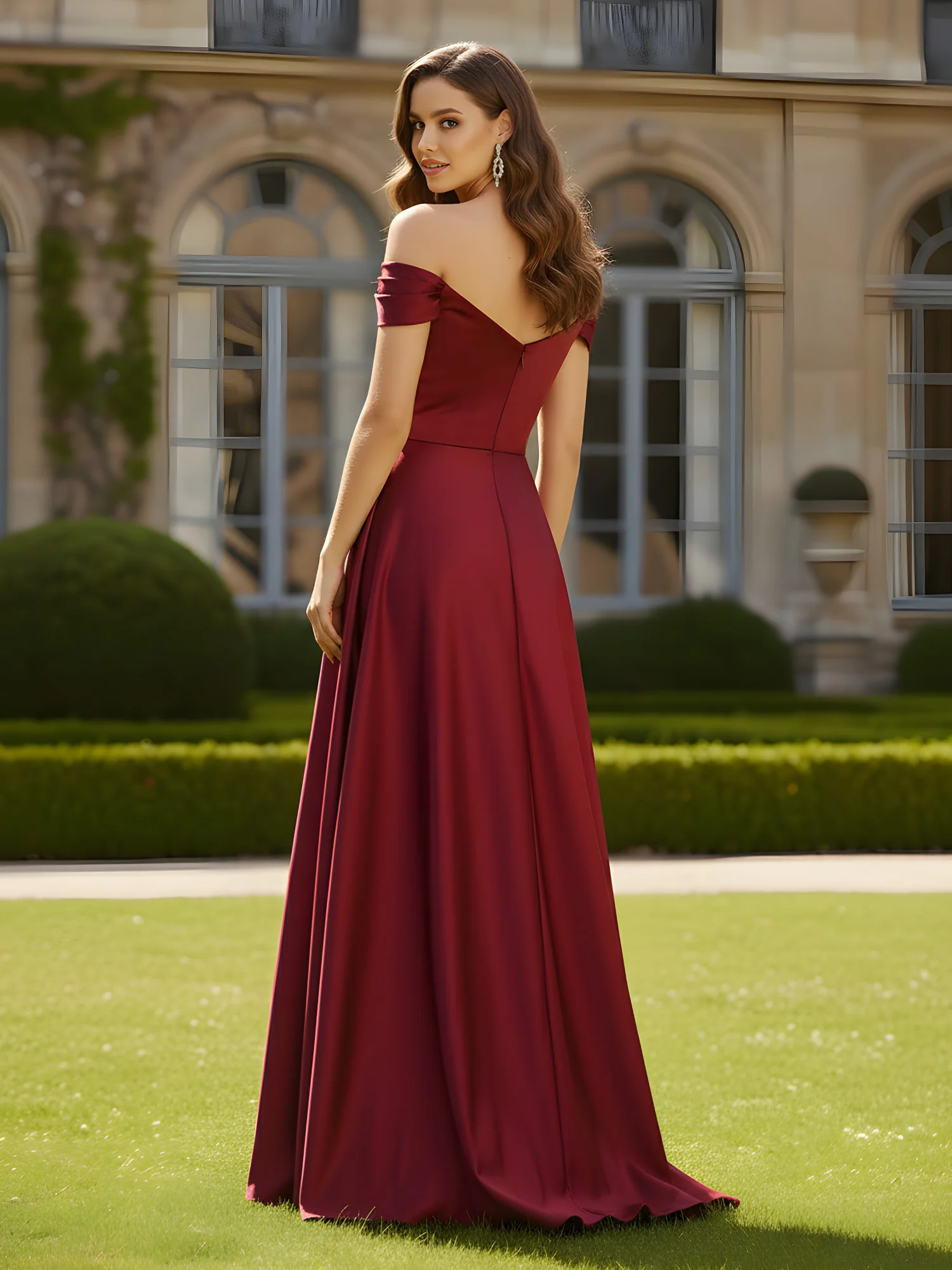 High Slit A-Line Dress with Crossover Bodice Burgundy - Image 2