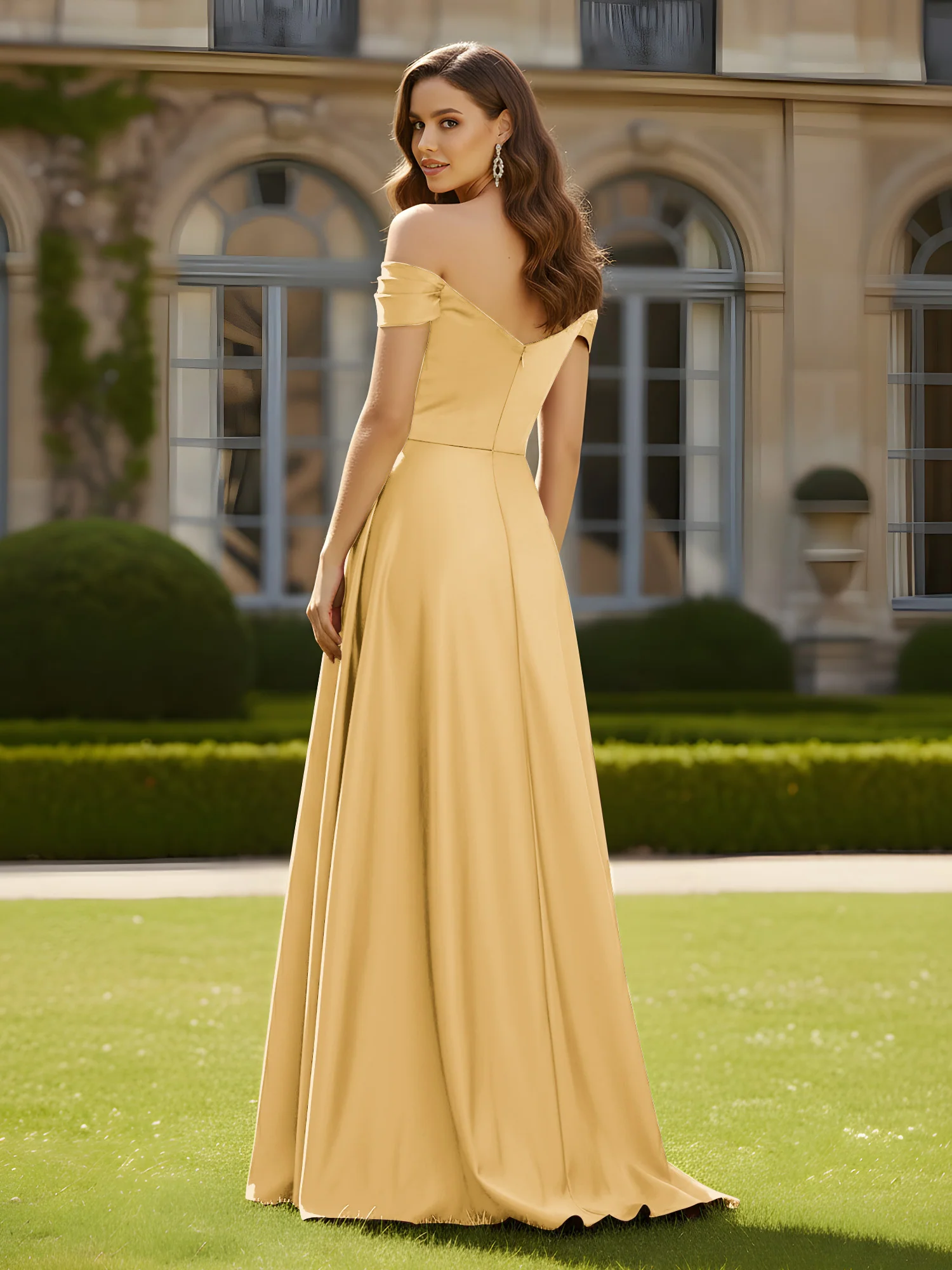 High Slit A-Line Dress with Crossover Bodice Gold - Image 2