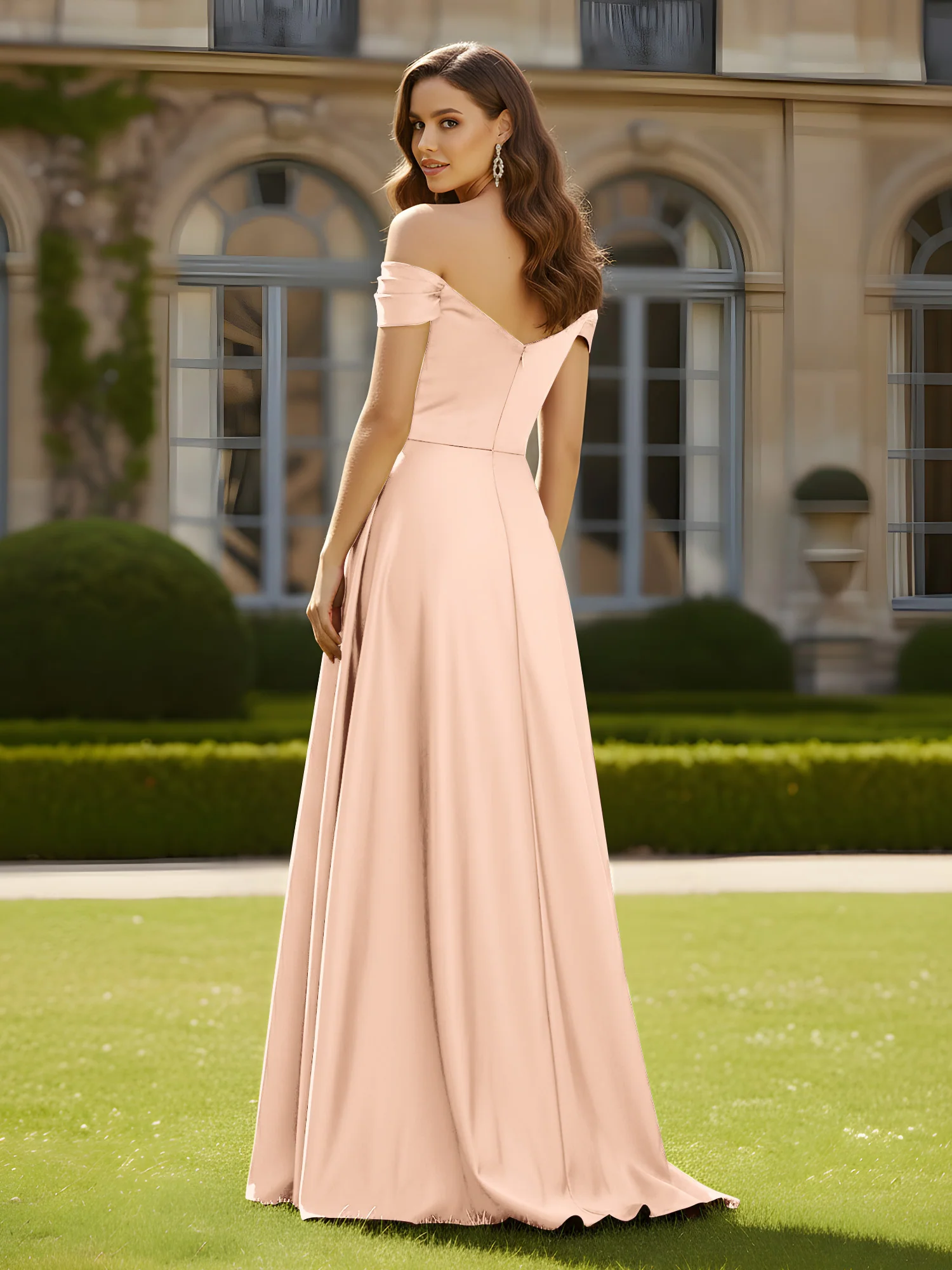 High Slit A-Line Dress with Crossover Bodice Peach - Image 2