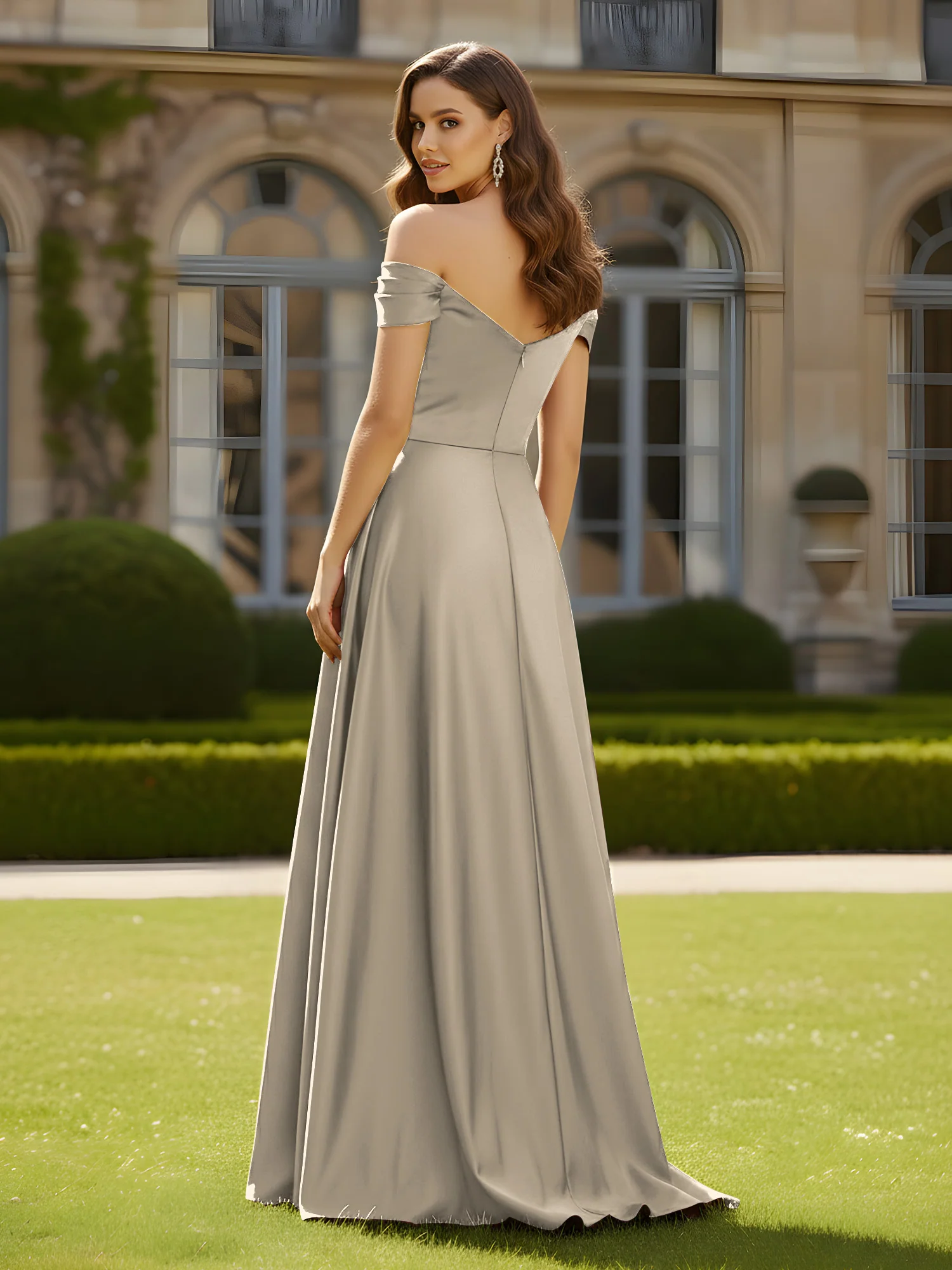 High Slit A-Line Dress with Crossover Bodice Taupe - Image 2