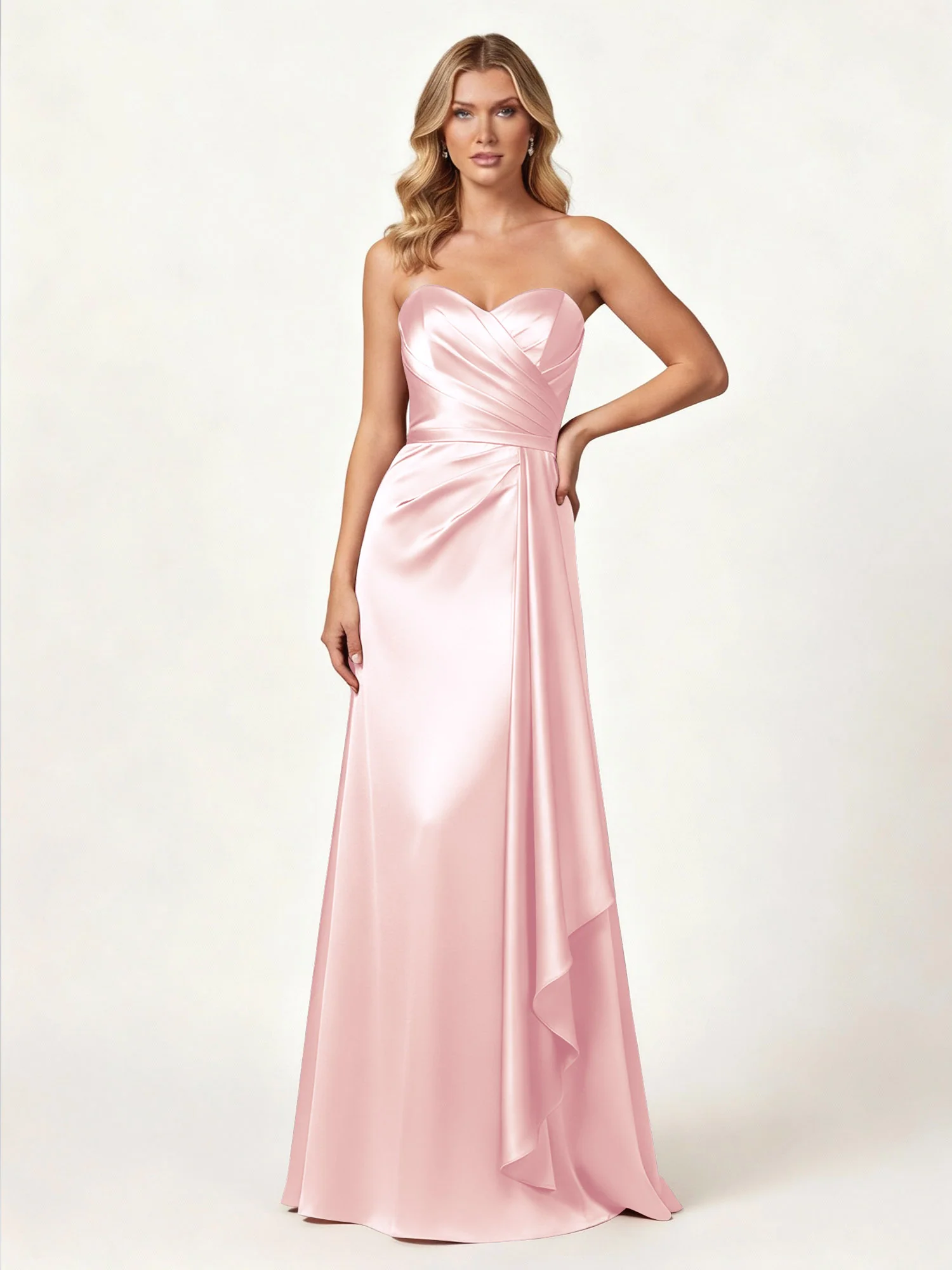 Strapless Sweetheart Neck Wrap Satin Gown Blushing Pink