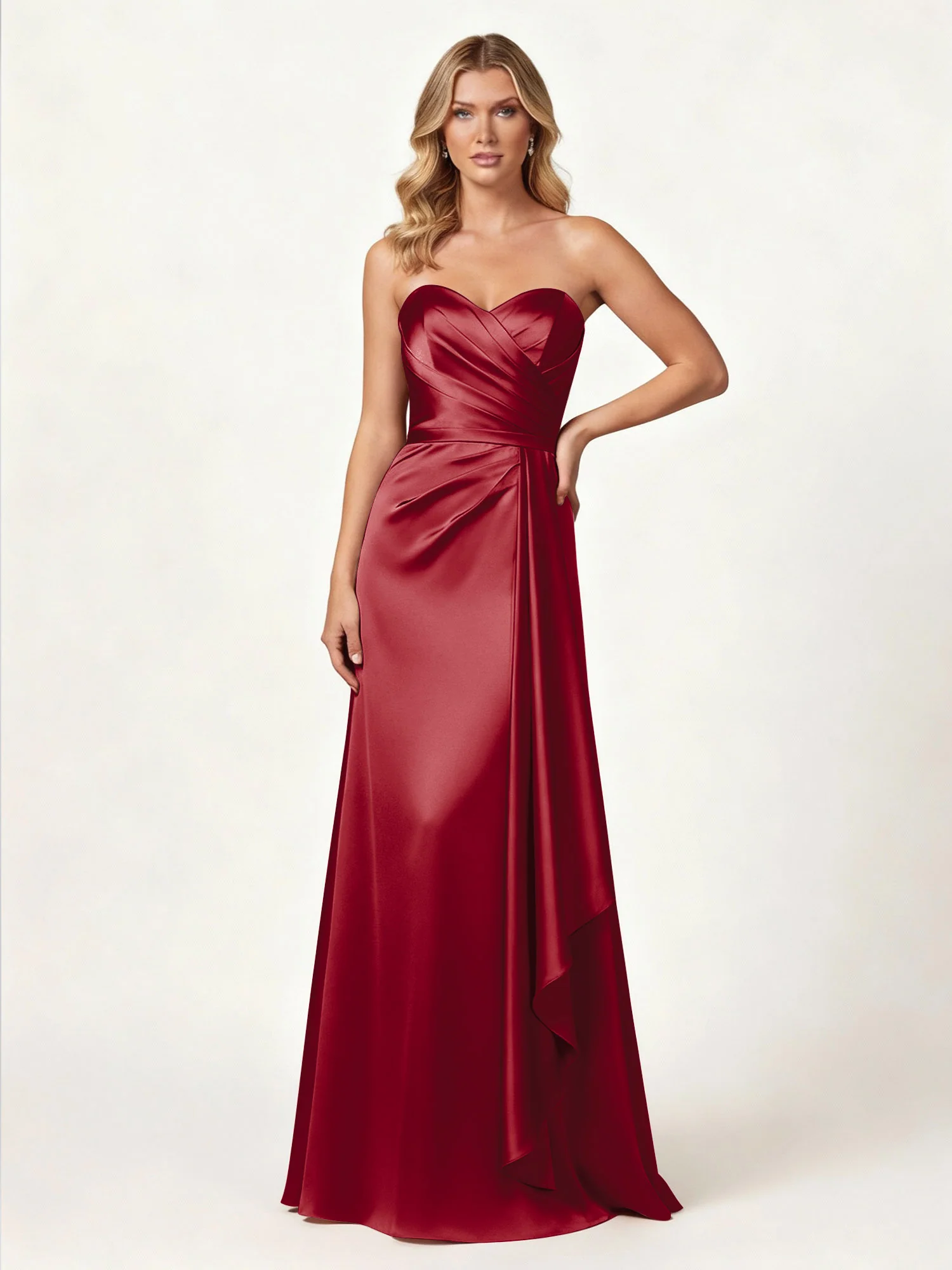 Strapless Sweetheart Neck Wrap Satin Gown Burgundy
