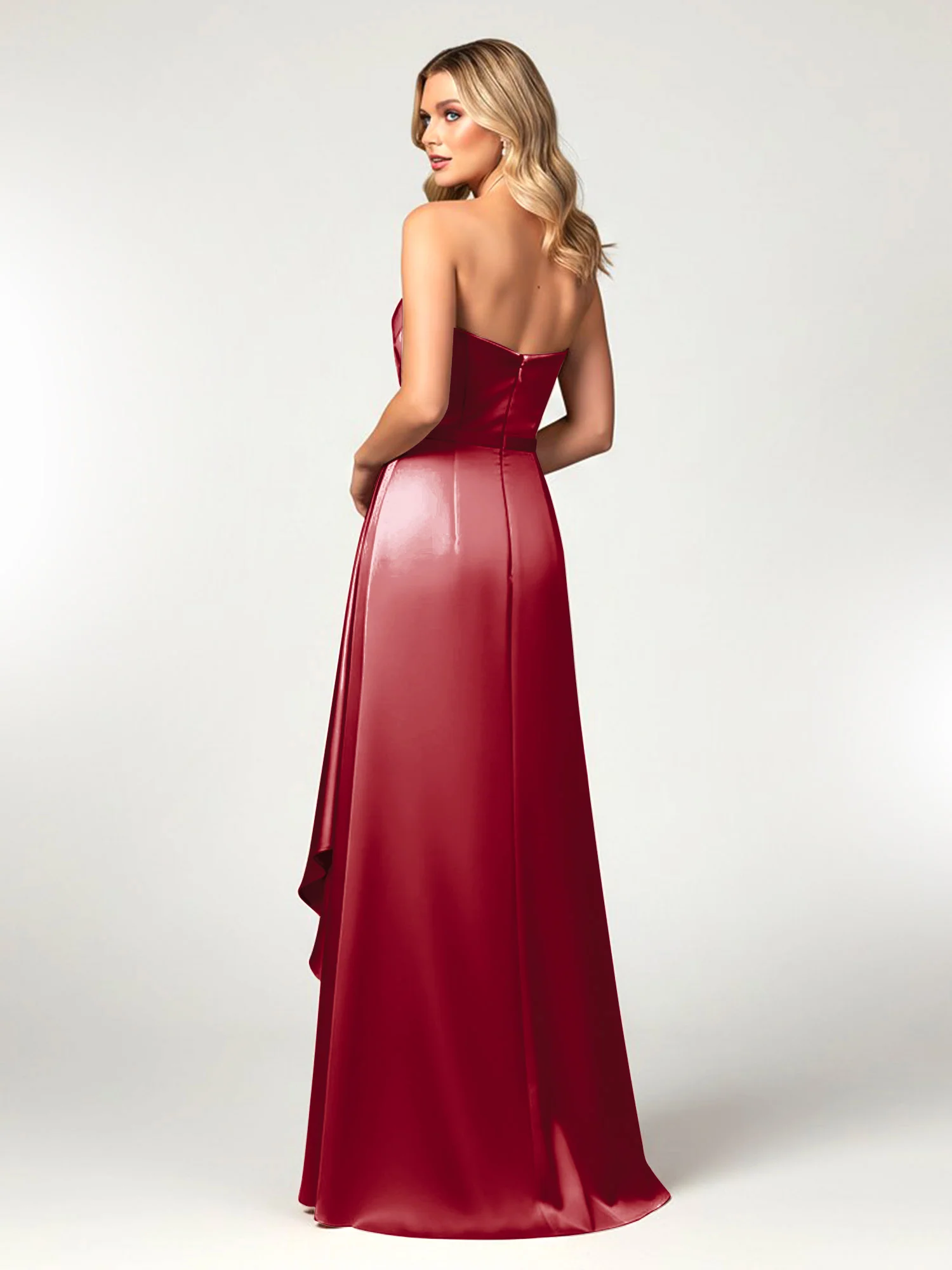 Strapless Sweetheart Neck Wrap Satin Gown Burgundy - Image 2