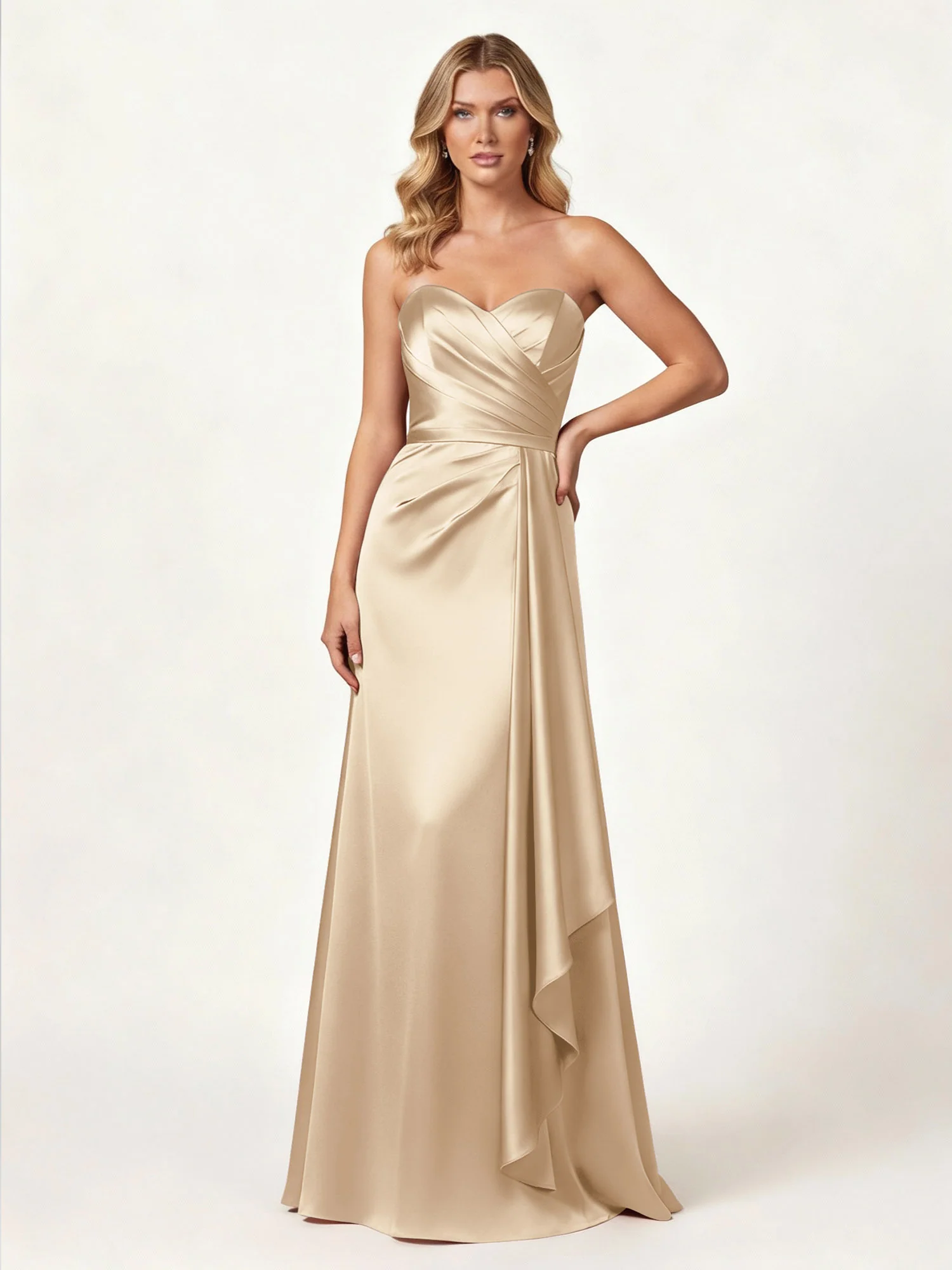 Strapless Sweetheart Neck Wrap Satin Gown Champagne