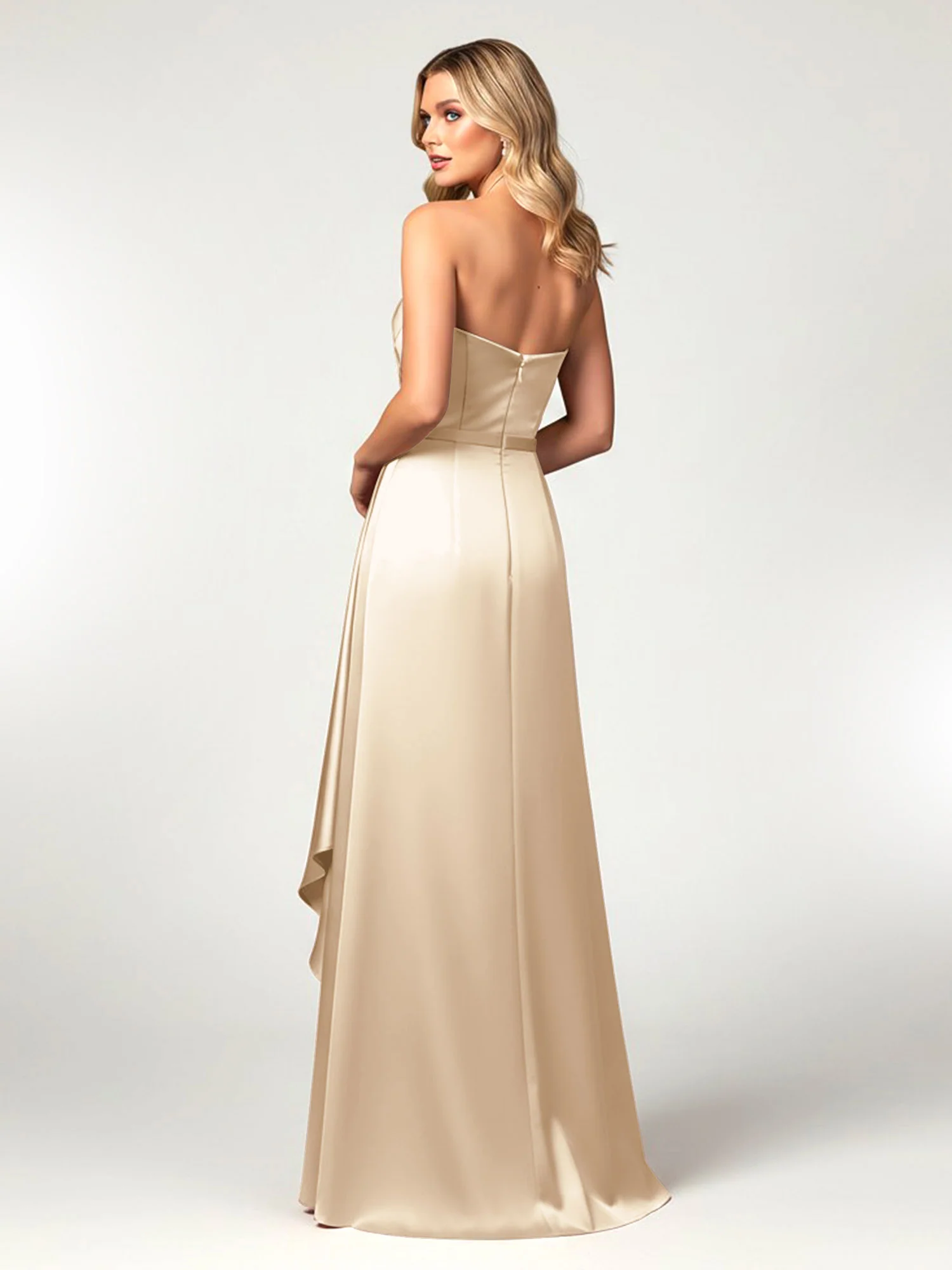 Strapless Sweetheart Neck Wrap Satin Gown Champagne - Image 2