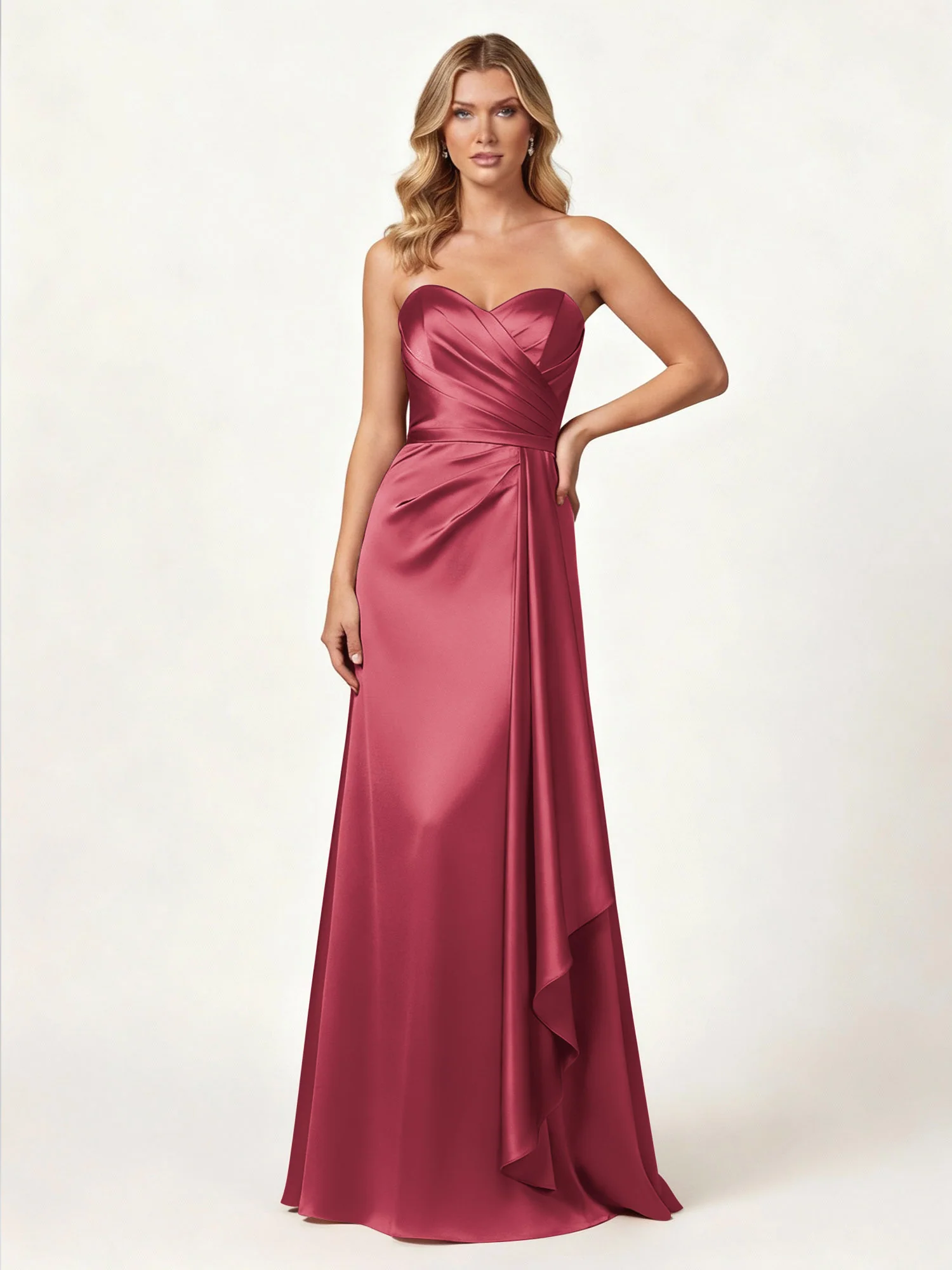 Strapless Sweetheart Neck Wrap Satin Gown Cinnamon Rose