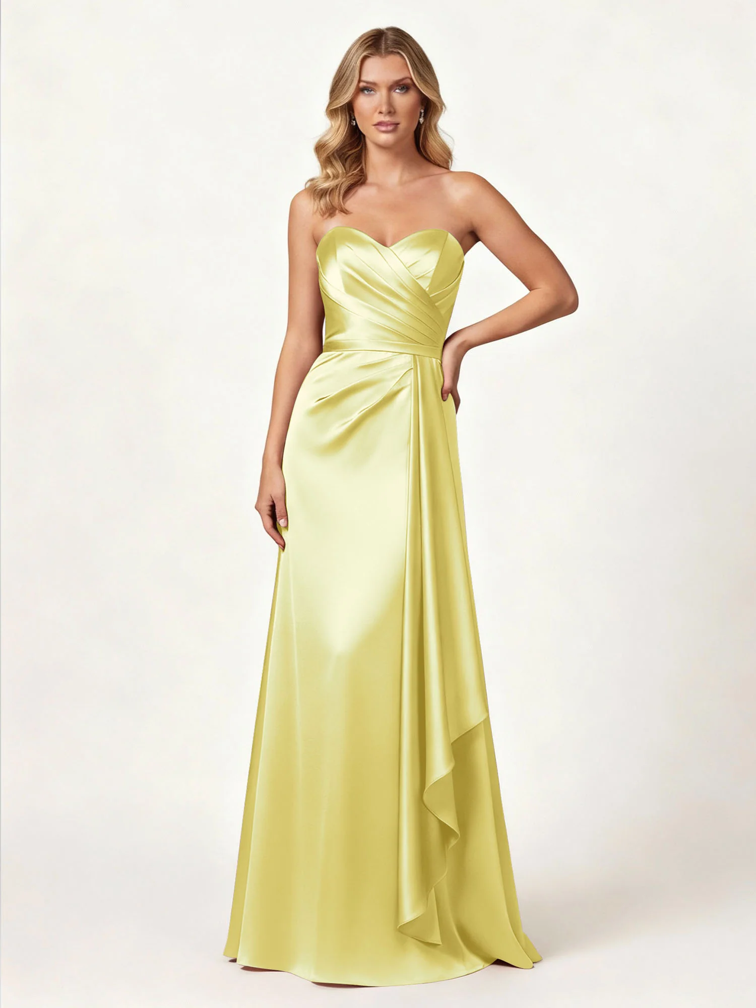 Strapless Sweetheart Neck Wrap Satin Gown Daffodil