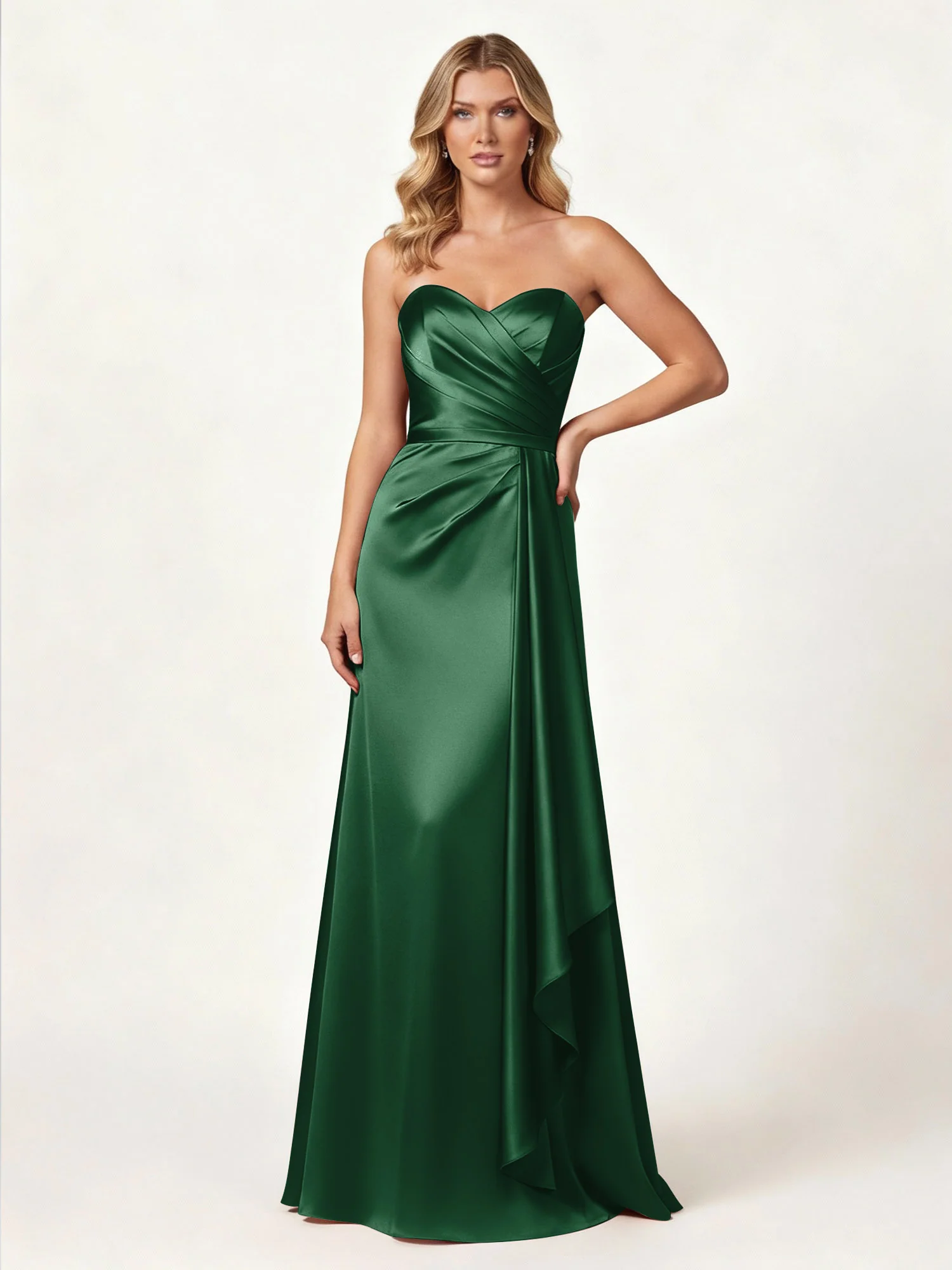 Strapless Sweetheart Neck Wrap Satin Gown Dark Green