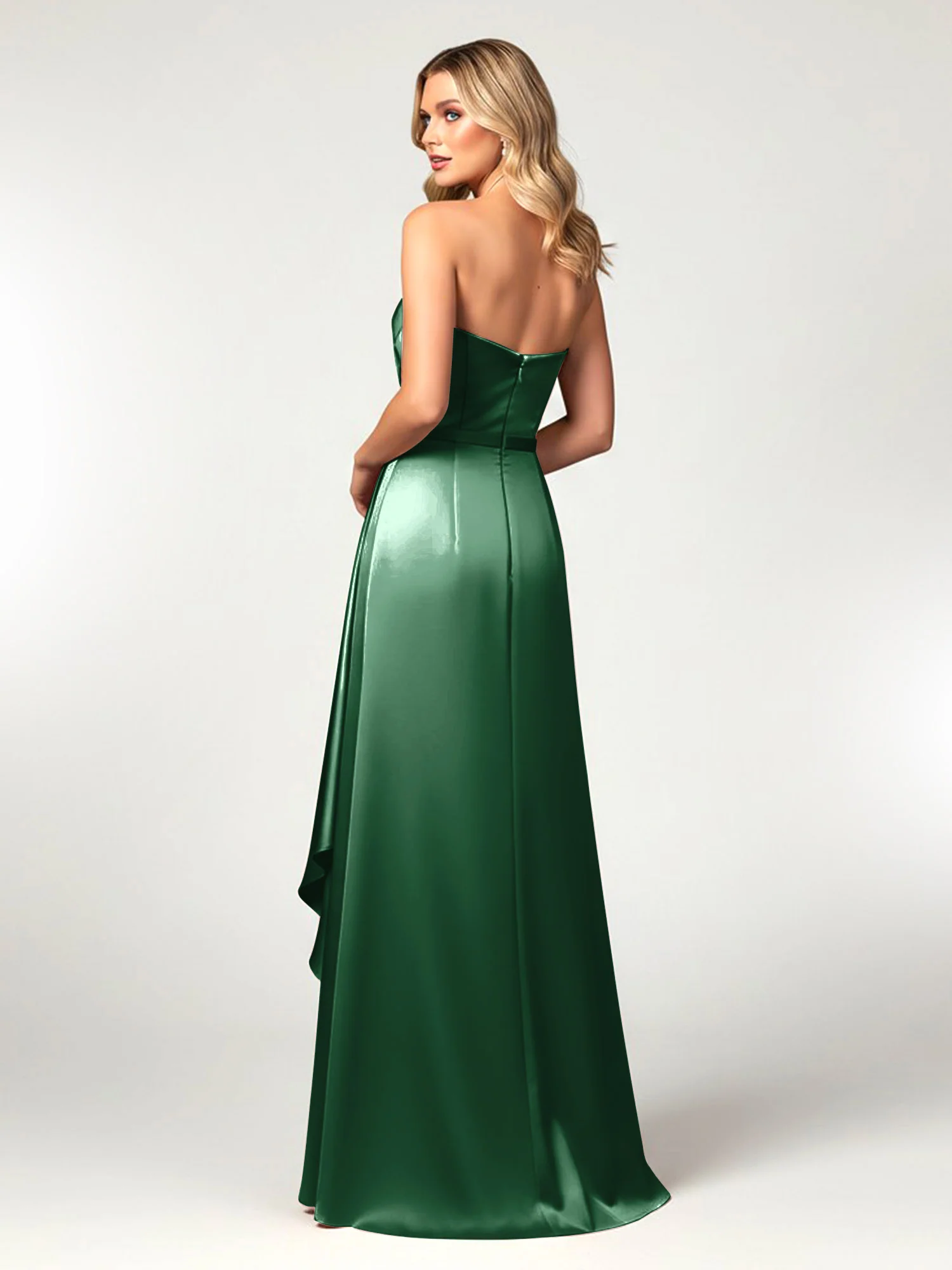 Strapless Sweetheart Neck Wrap Satin Gown Dark Green - Image 2