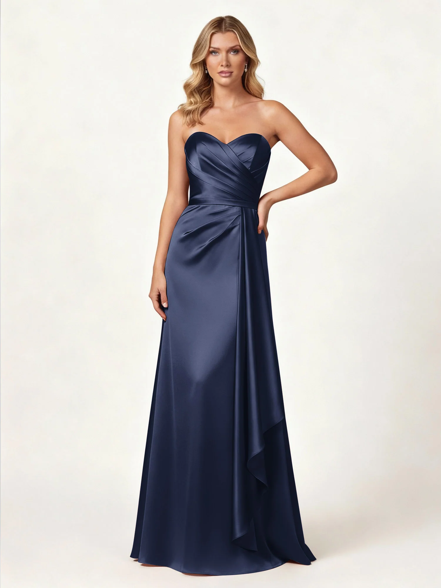 Strapless Sweetheart Neck Wrap Satin Gown Dark Navy