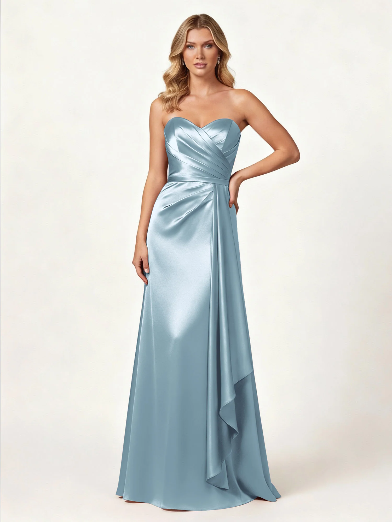 Strapless Sweetheart Neck Wrap Satin Gown Dusty Blue