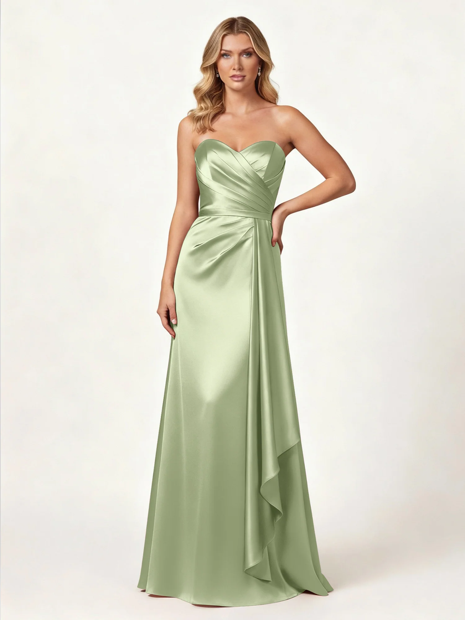 Strapless Sweetheart Neck Wrap Satin Gown Dusty Sage