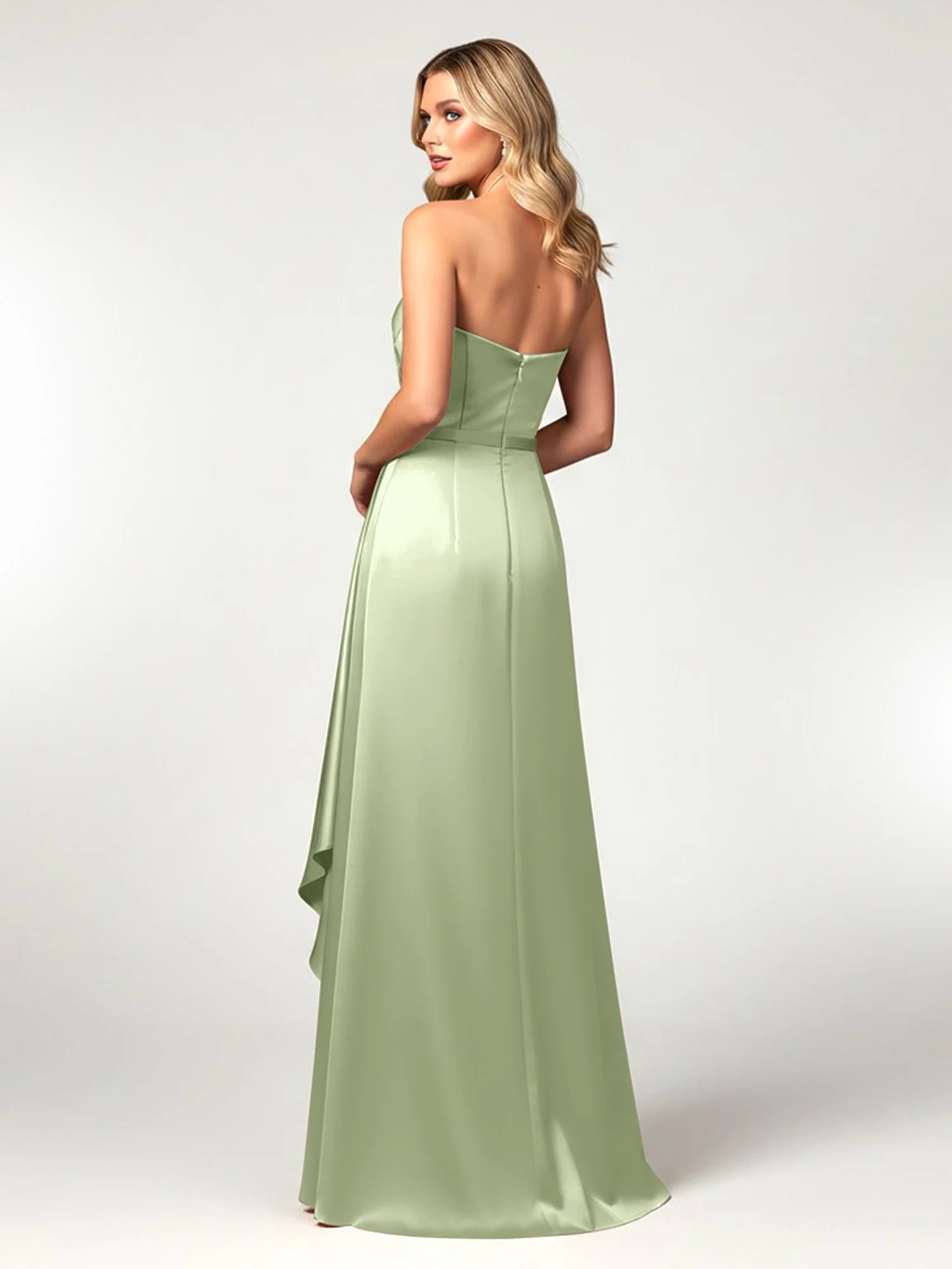 Strapless Sweetheart Neck Wrap Satin Gown Dusty Sage - Image 2