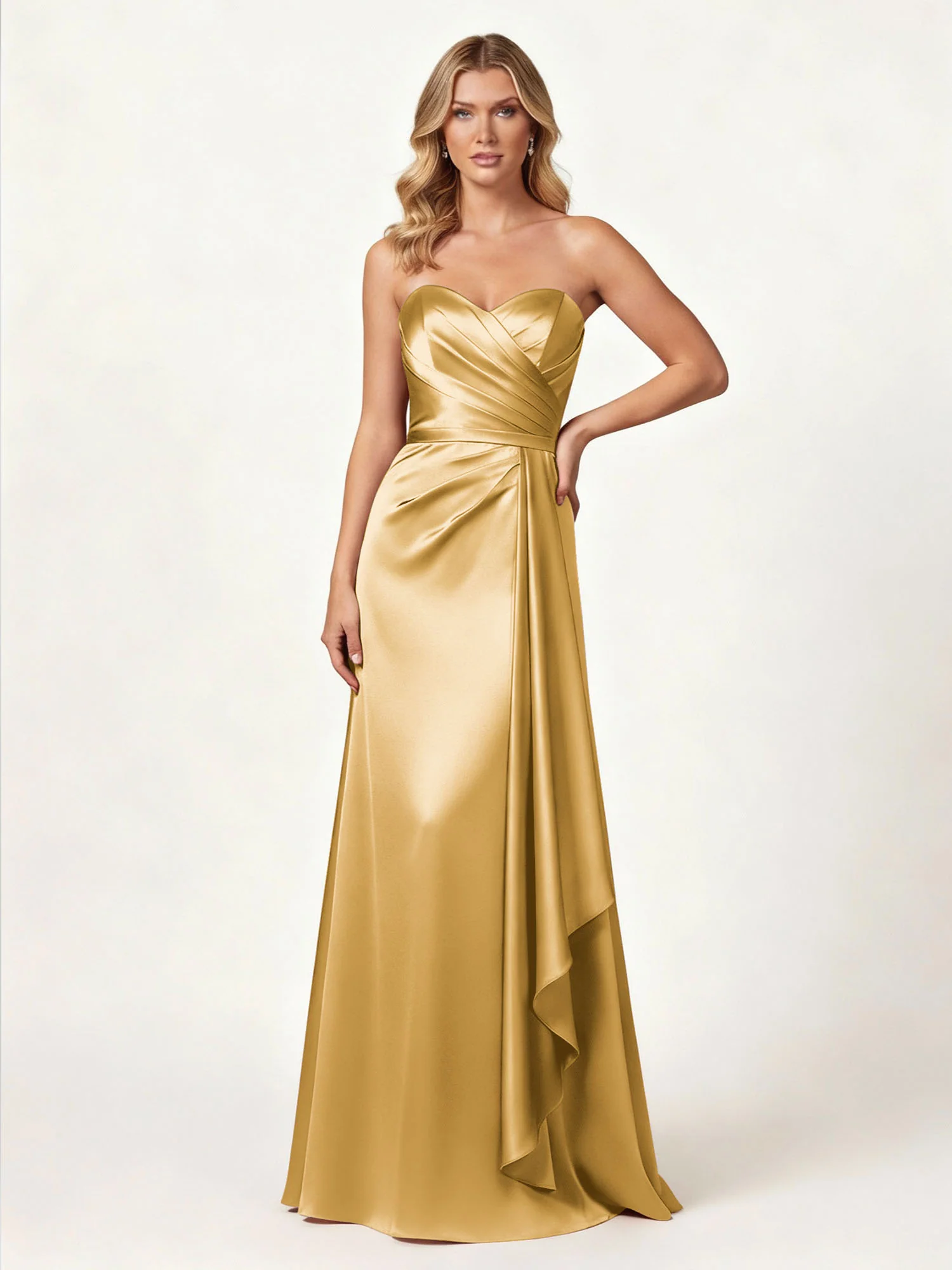 Strapless Sweetheart Neck Wrap Satin Gown Gold