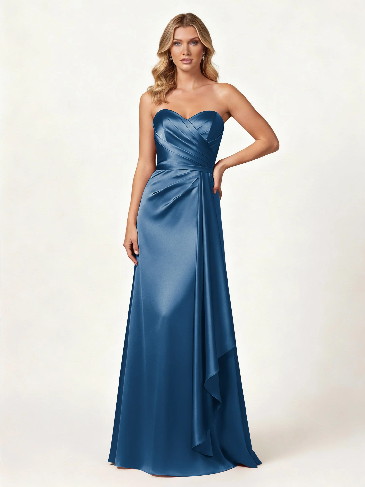 Strapless Sweetheart Neck Wrap Satin Gown Ink Blue