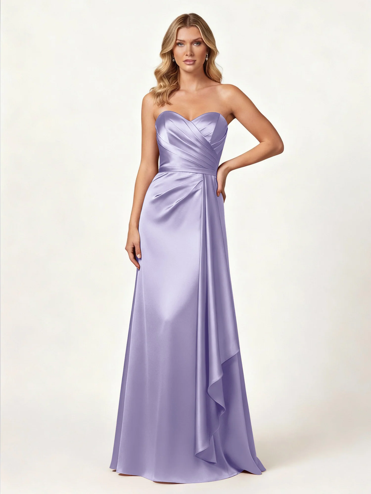 Strapless Sweetheart Neck Wrap Satin Gown Lavender