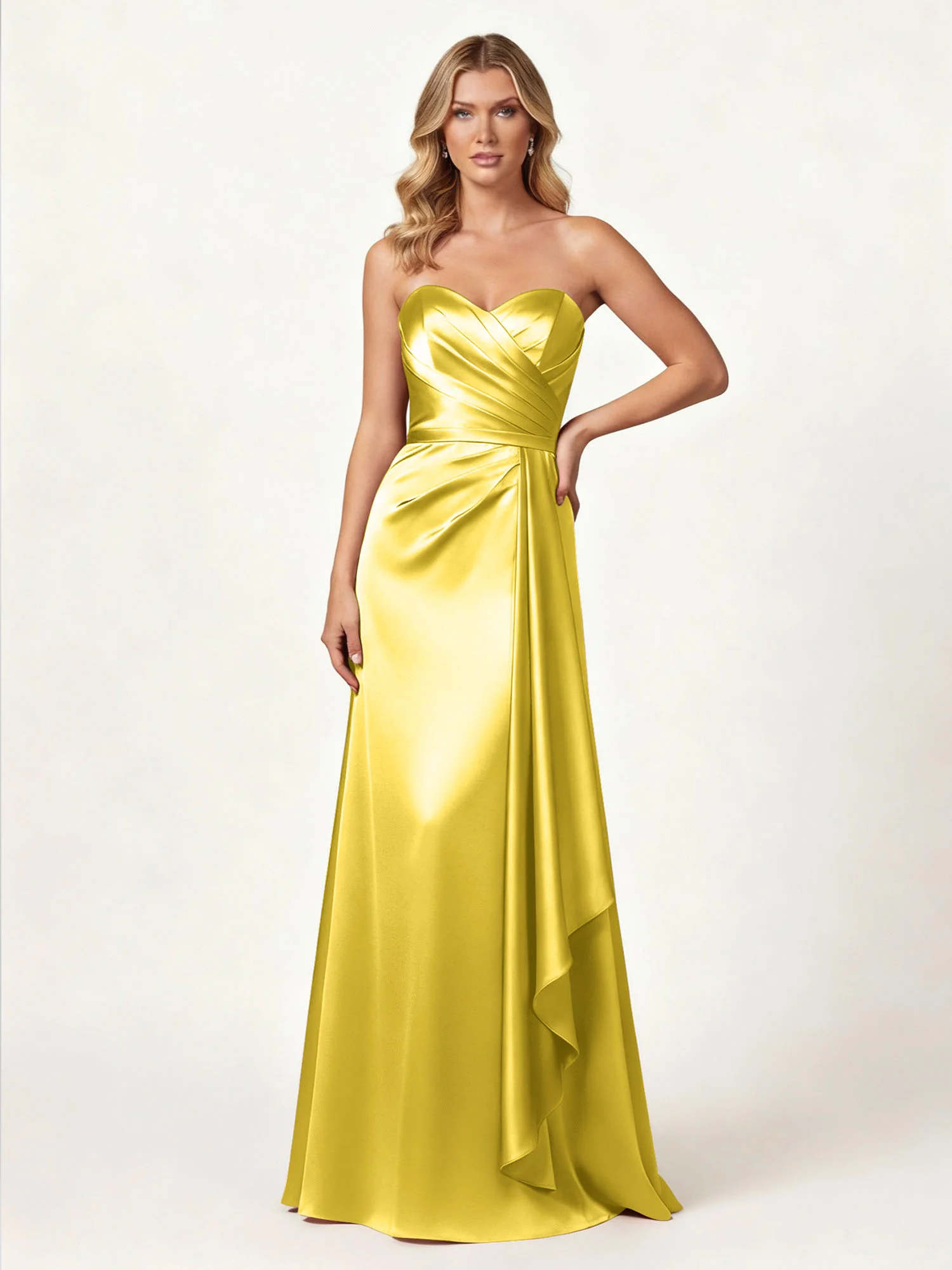 Strapless Sweetheart Neck Wrap Satin Gown Marigold