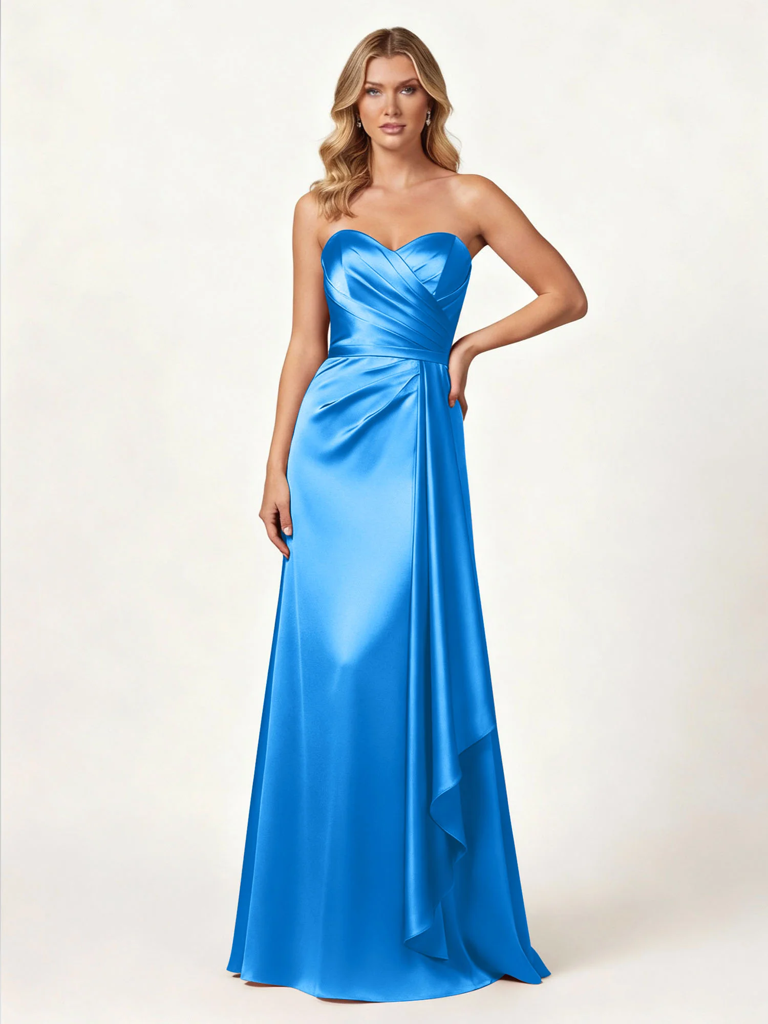 Strapless Sweetheart Neck Wrap Satin Gown Ocean Blue