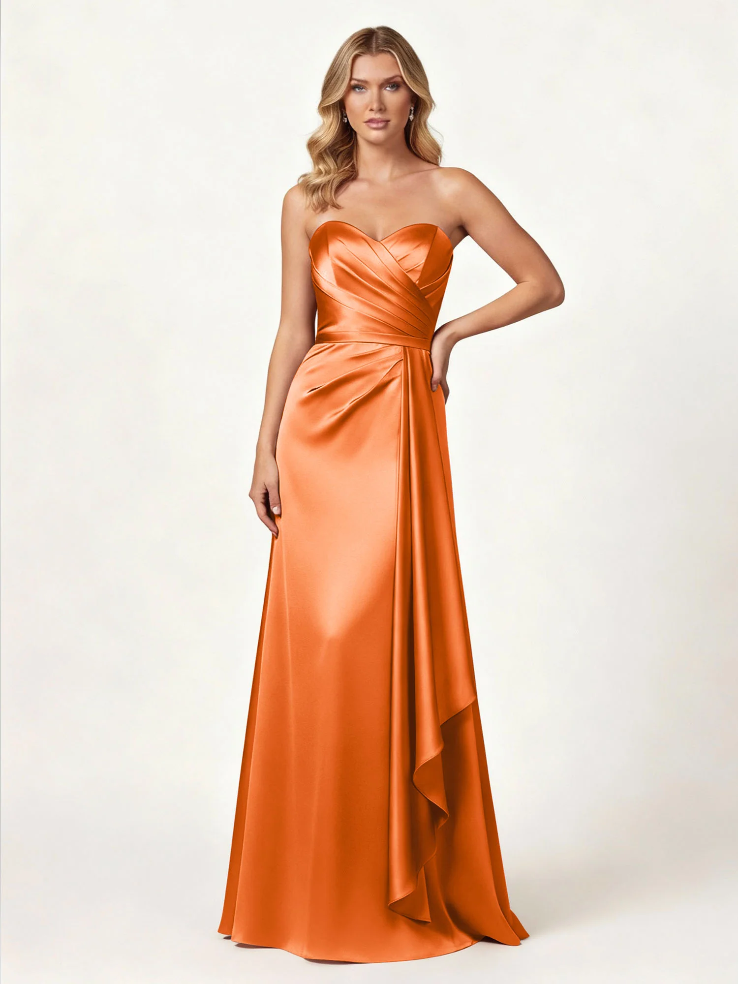 Strapless Sweetheart Neck Wrap Satin Gown Orange