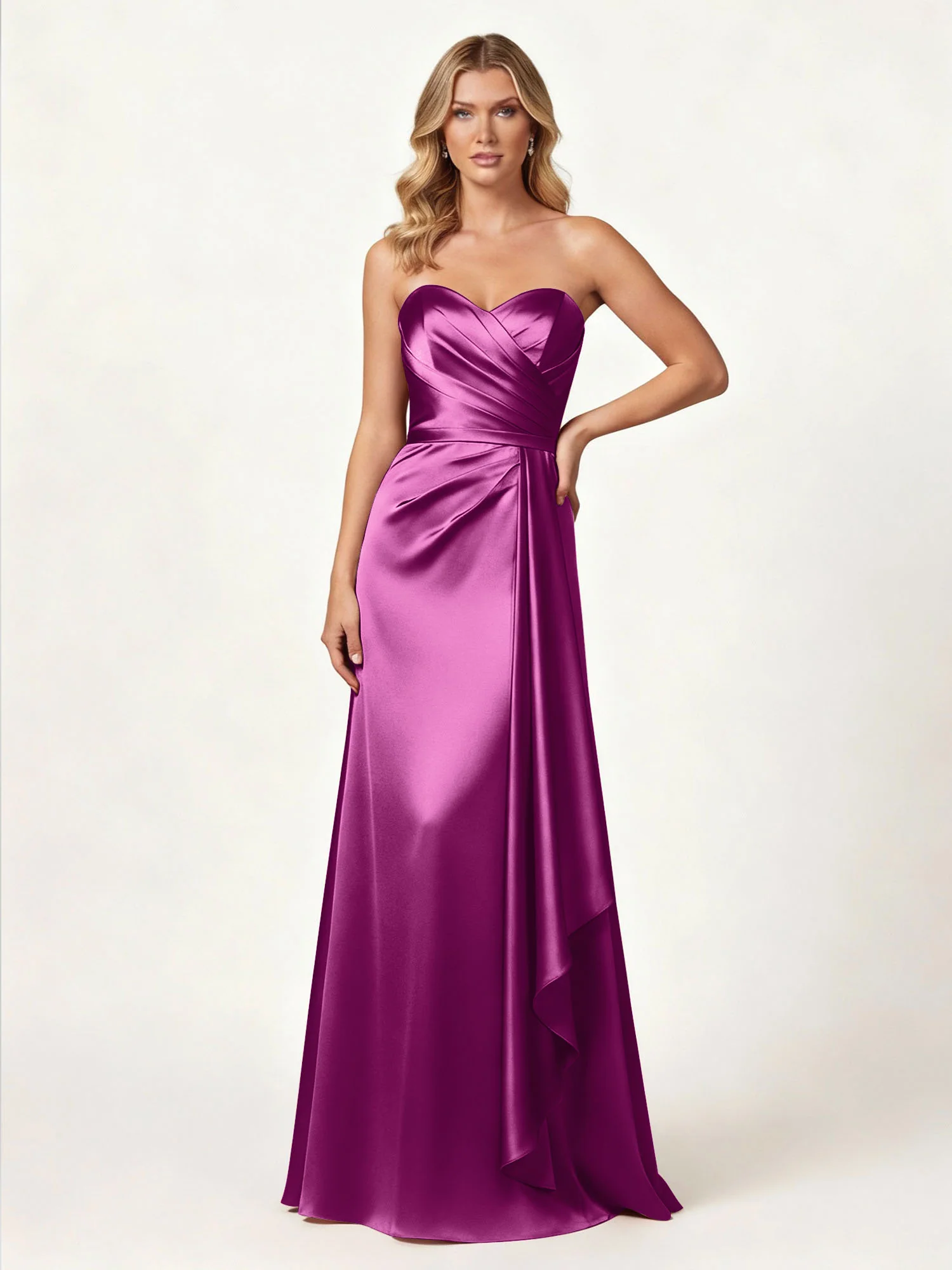 Strapless Sweetheart Neck Wrap Satin Gown Orchid
