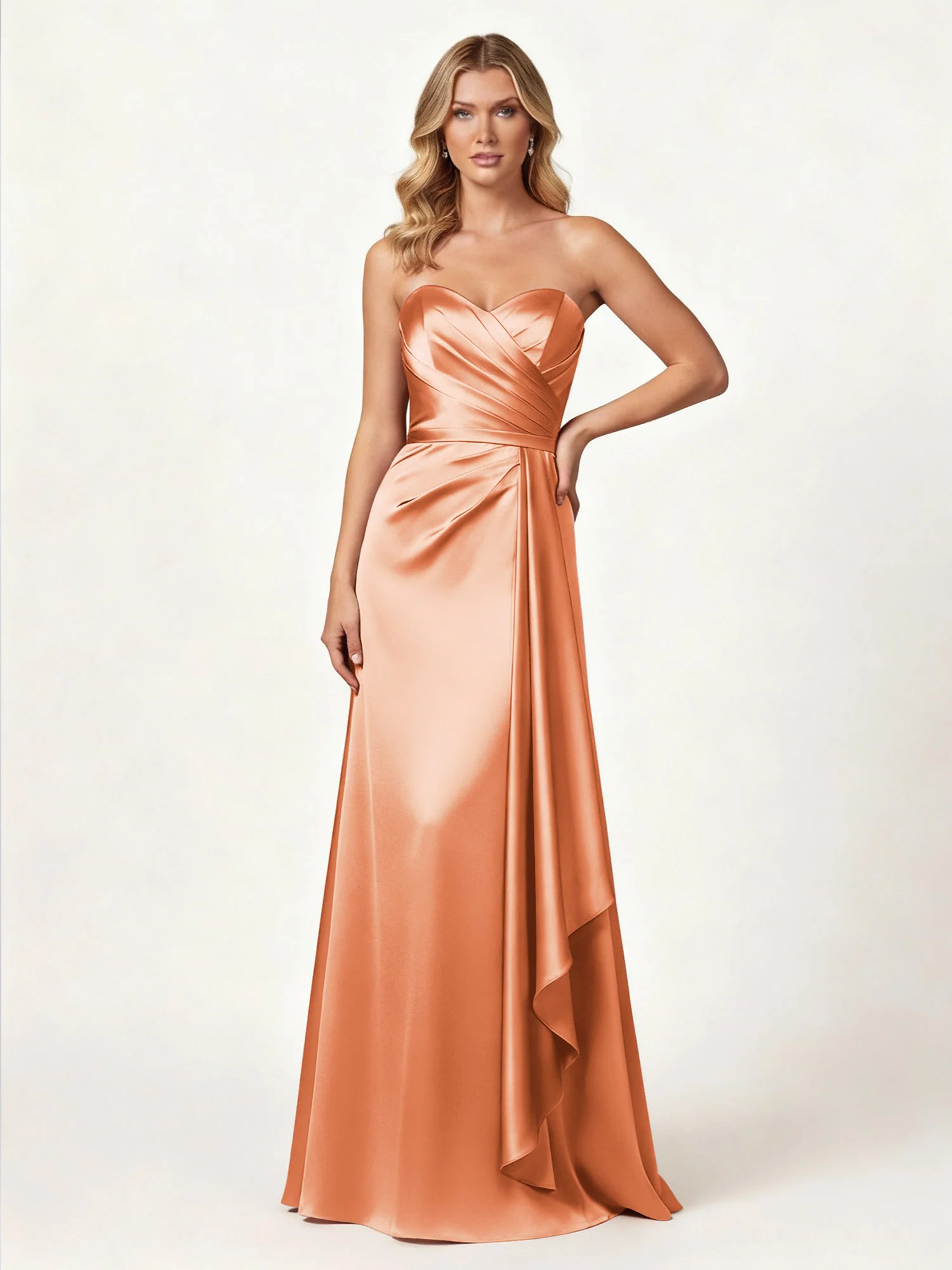 Strapless Sweetheart Neck Wrap Satin Gown Papaya