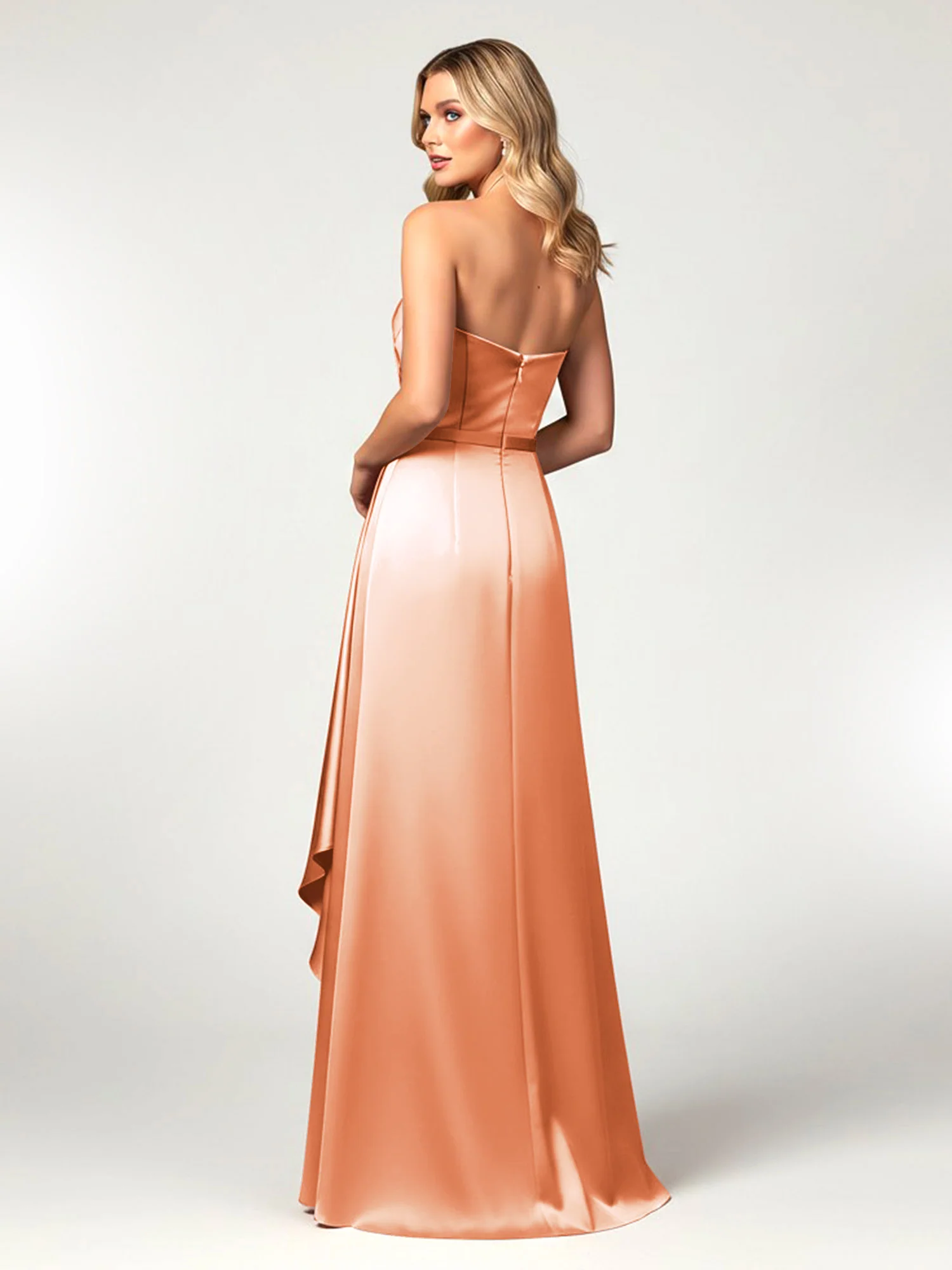 Strapless Sweetheart Neck Wrap Satin Gown Papaya - Image 2