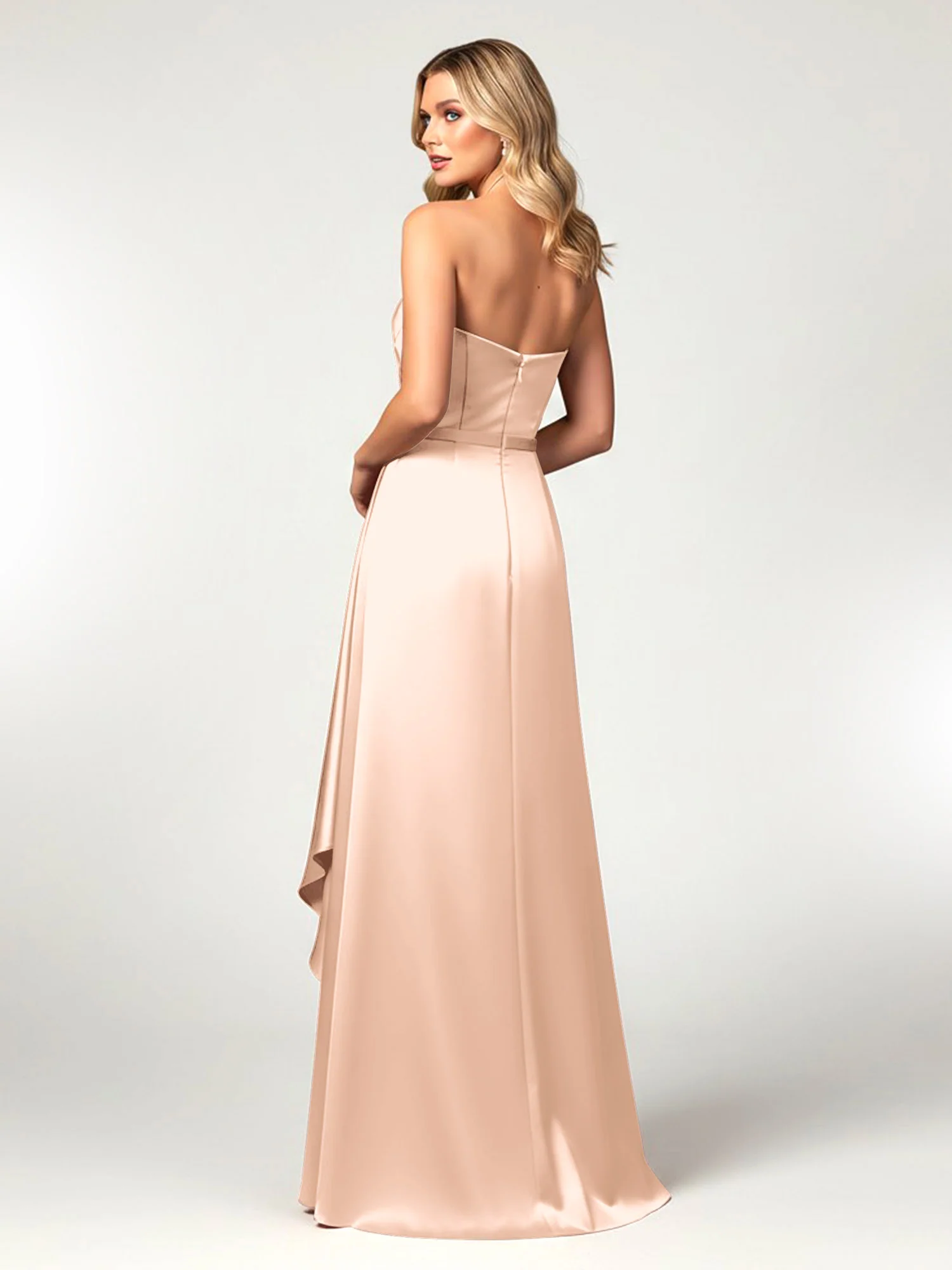 Strapless Sweetheart Neck Wrap Satin Gown Peach - Image 2