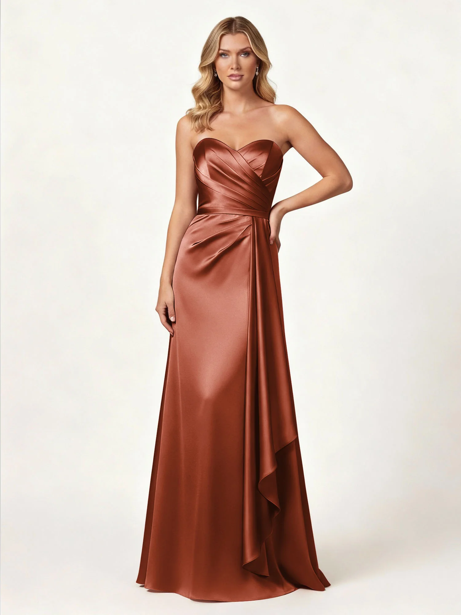 Strapless Sweetheart Neck Wrap Satin Gown Rust