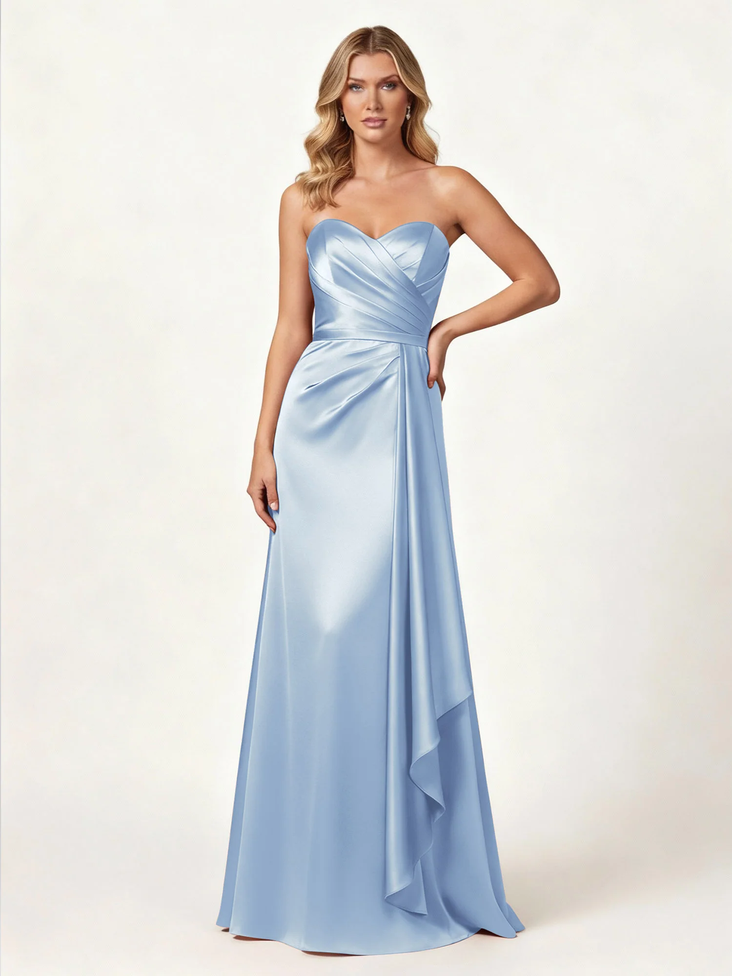 Strapless Sweetheart Neck Wrap Satin Gown Sky Blue