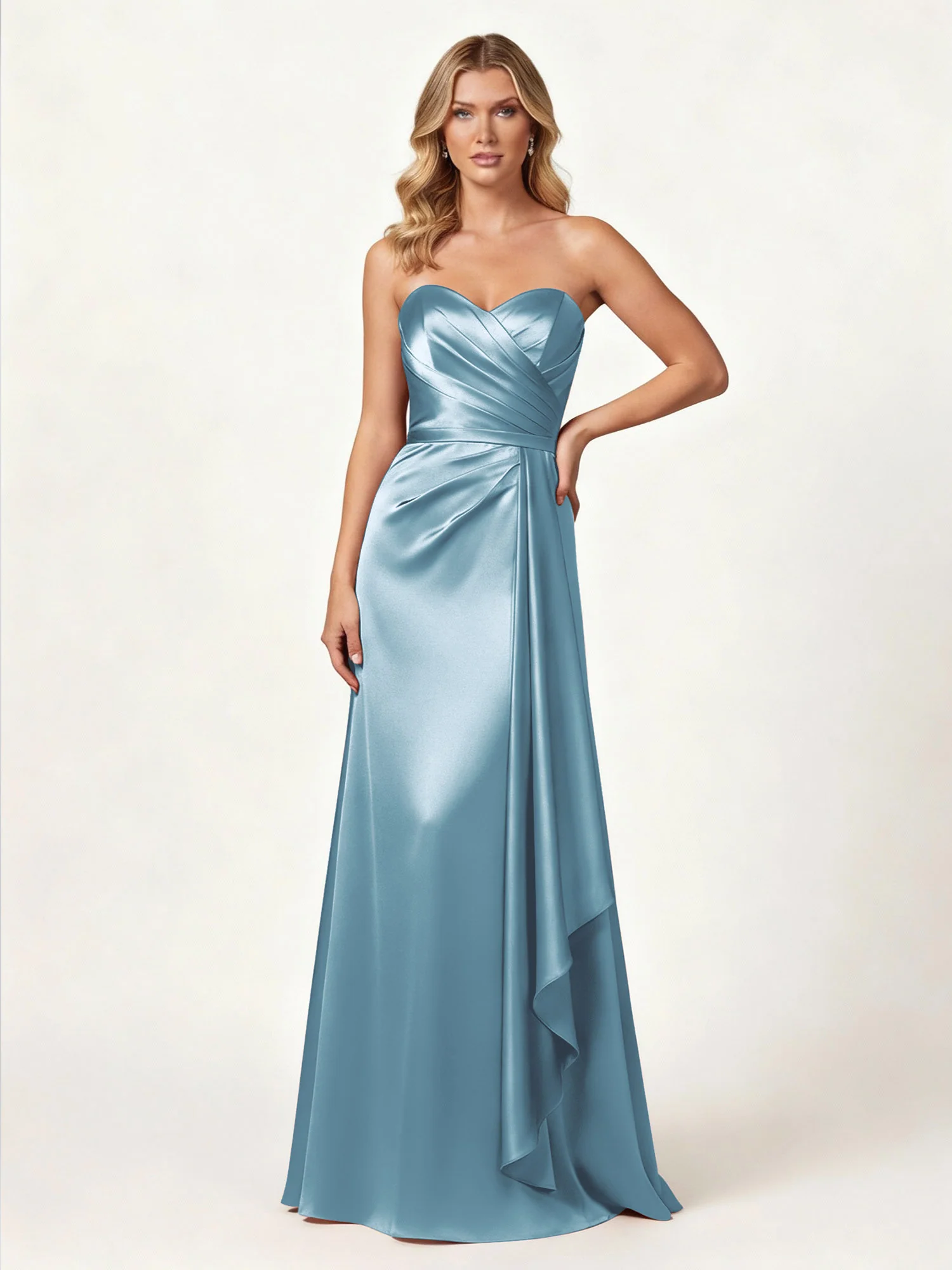 Strapless Sweetheart Neck Wrap Satin Gown Slate Blue