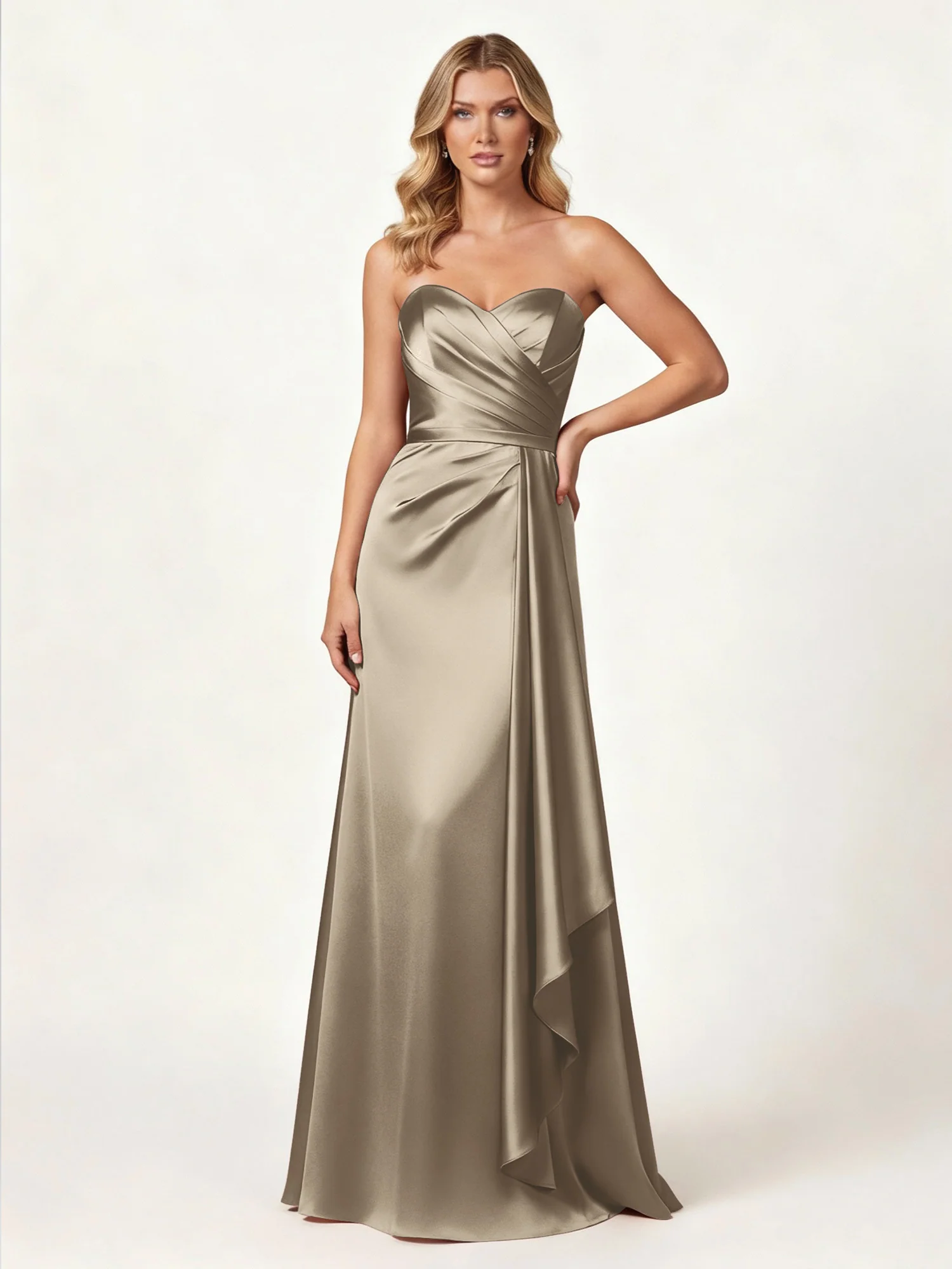 Strapless Sweetheart Neck Wrap Satin Gown Taupe