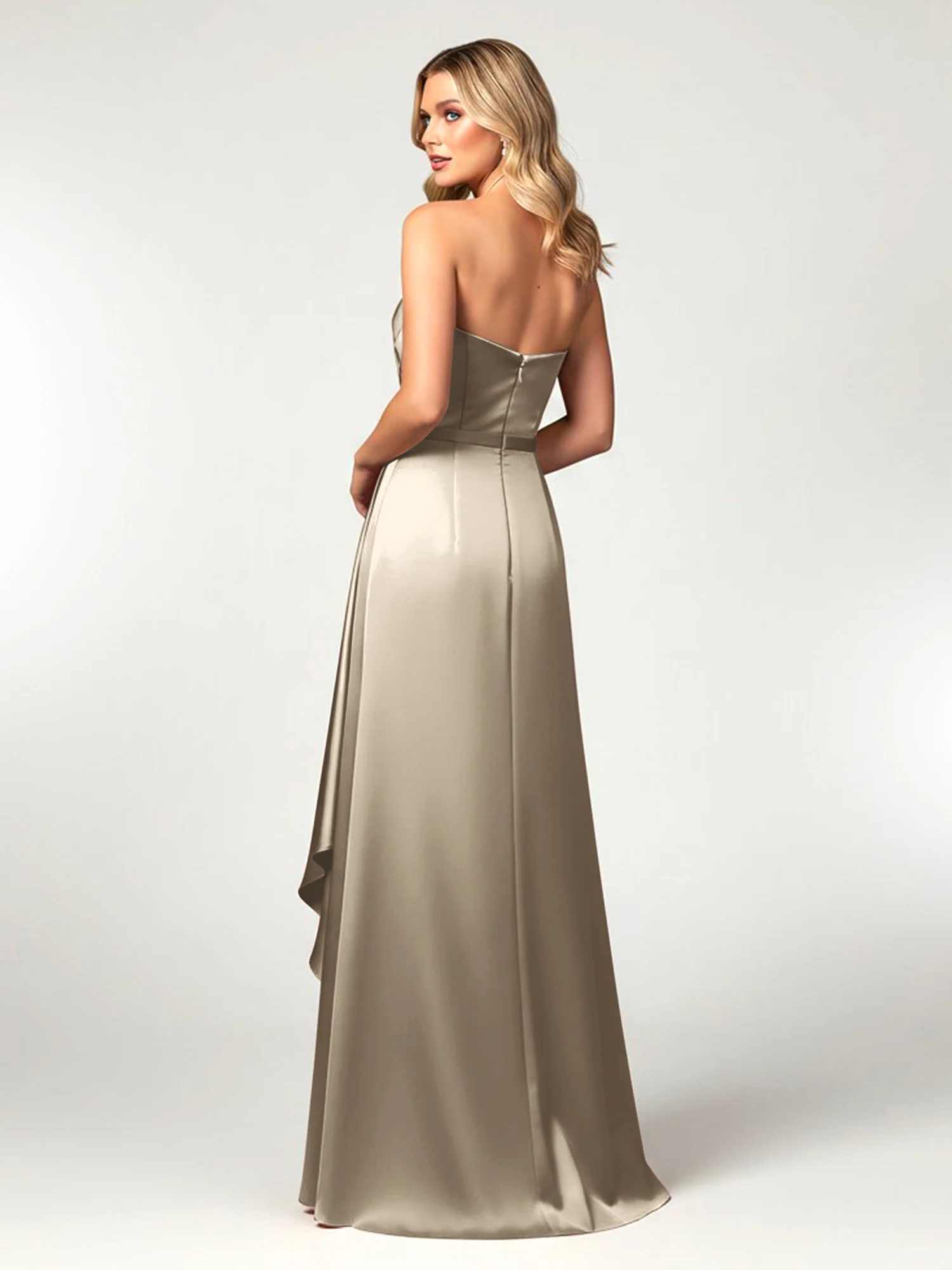 Strapless Sweetheart Neck Wrap Satin Gown Taupe - Image 2