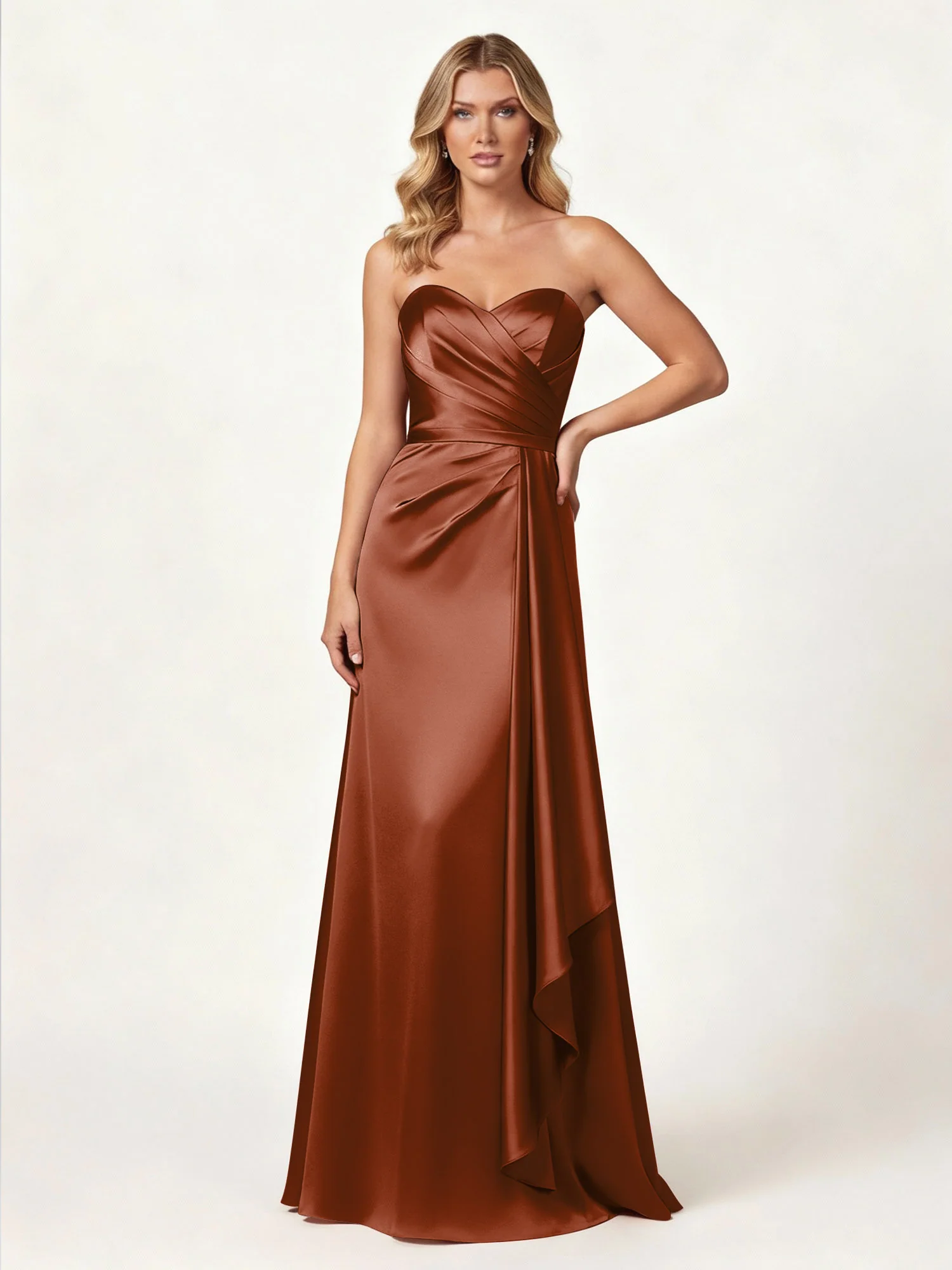 Strapless Sweetheart Neck Wrap Satin Gown Terracotta