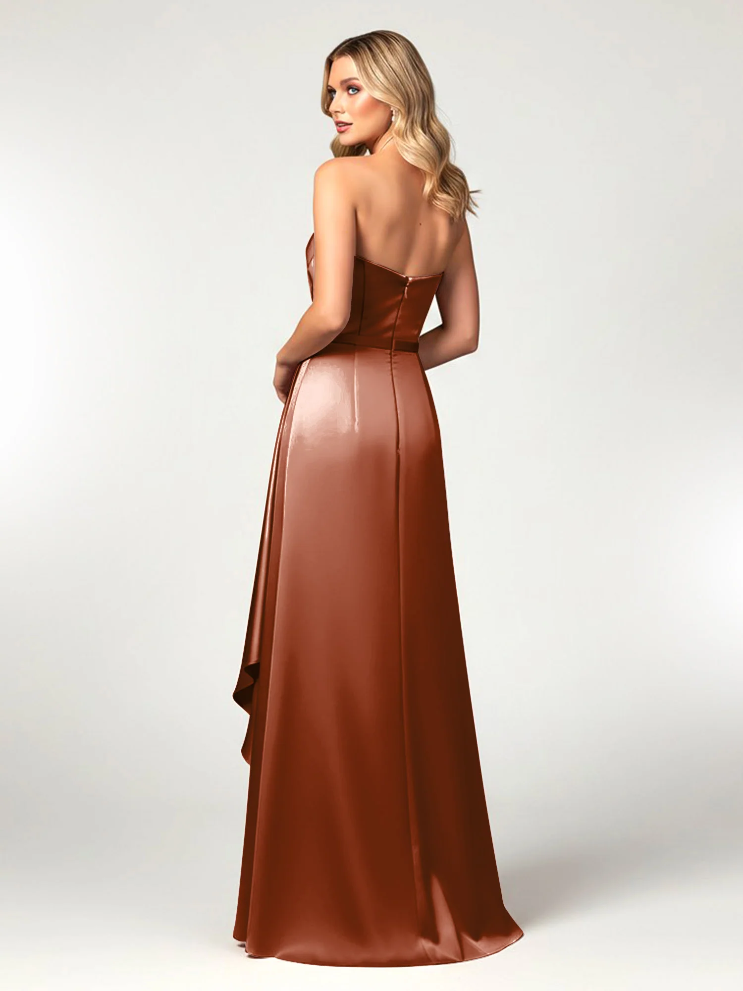 Strapless Sweetheart Neck Wrap Satin Gown Terracotta - Image 2