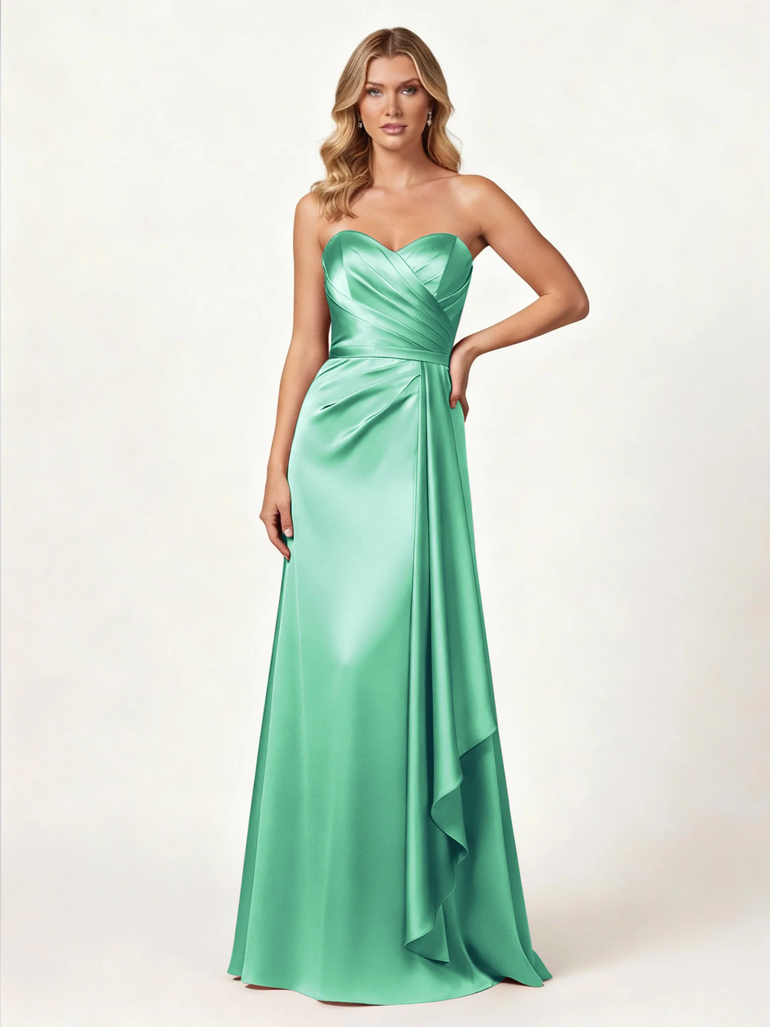 Strapless Sweetheart Neck Wrap Satin Gown Turquoise