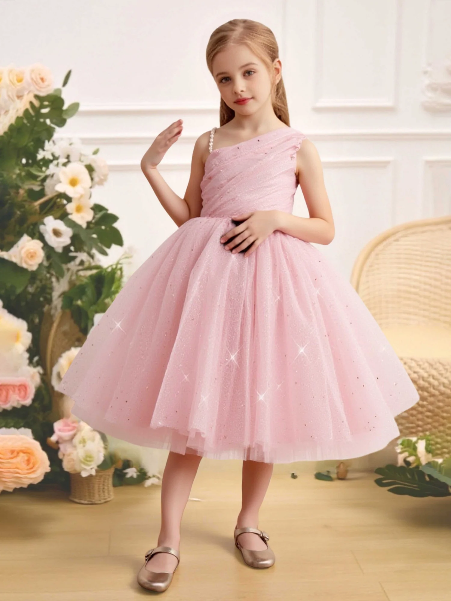 Pleated Bodice Big Bow Back Party Flower Girl Dress Blushing Pink