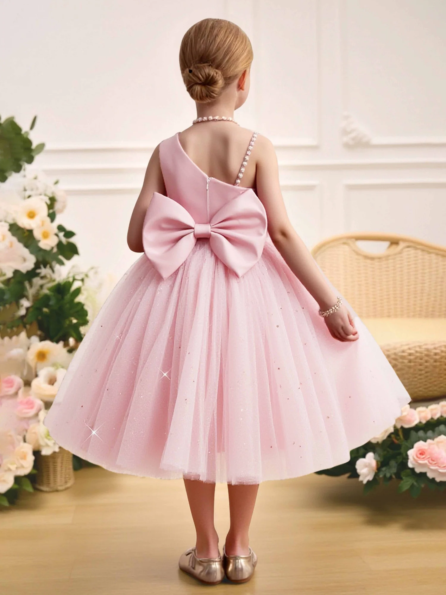 Pleated Bodice Big Bow Back Party Flower Girl Dress Blushing Pink - Image 2