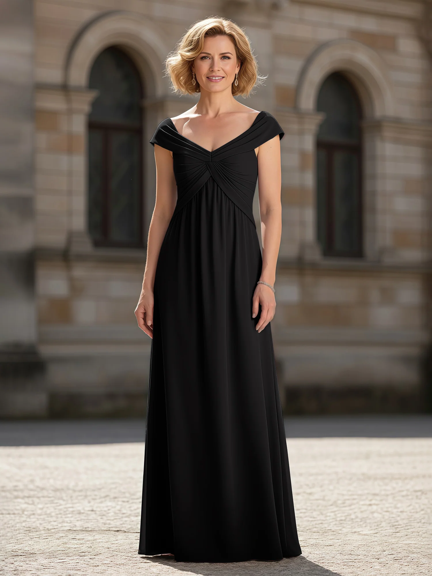 Pleated A-Line Chiffon Floor-Length Dress Black