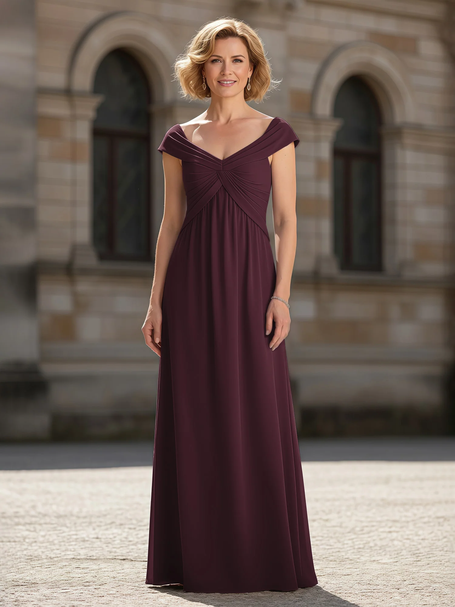 Pleated A-Line Chiffon Floor-Length Dress Cabernet