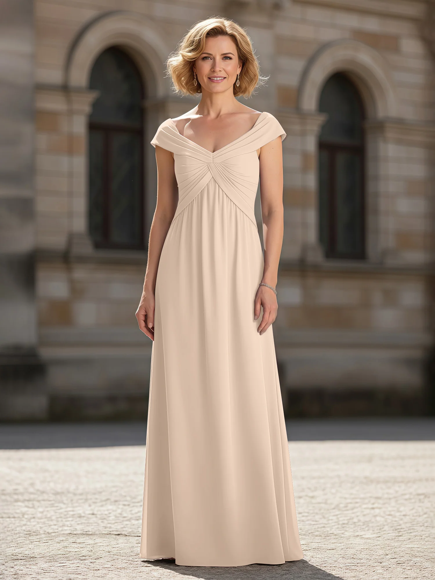 Pleated A-Line Chiffon Floor-Length Dress Peach