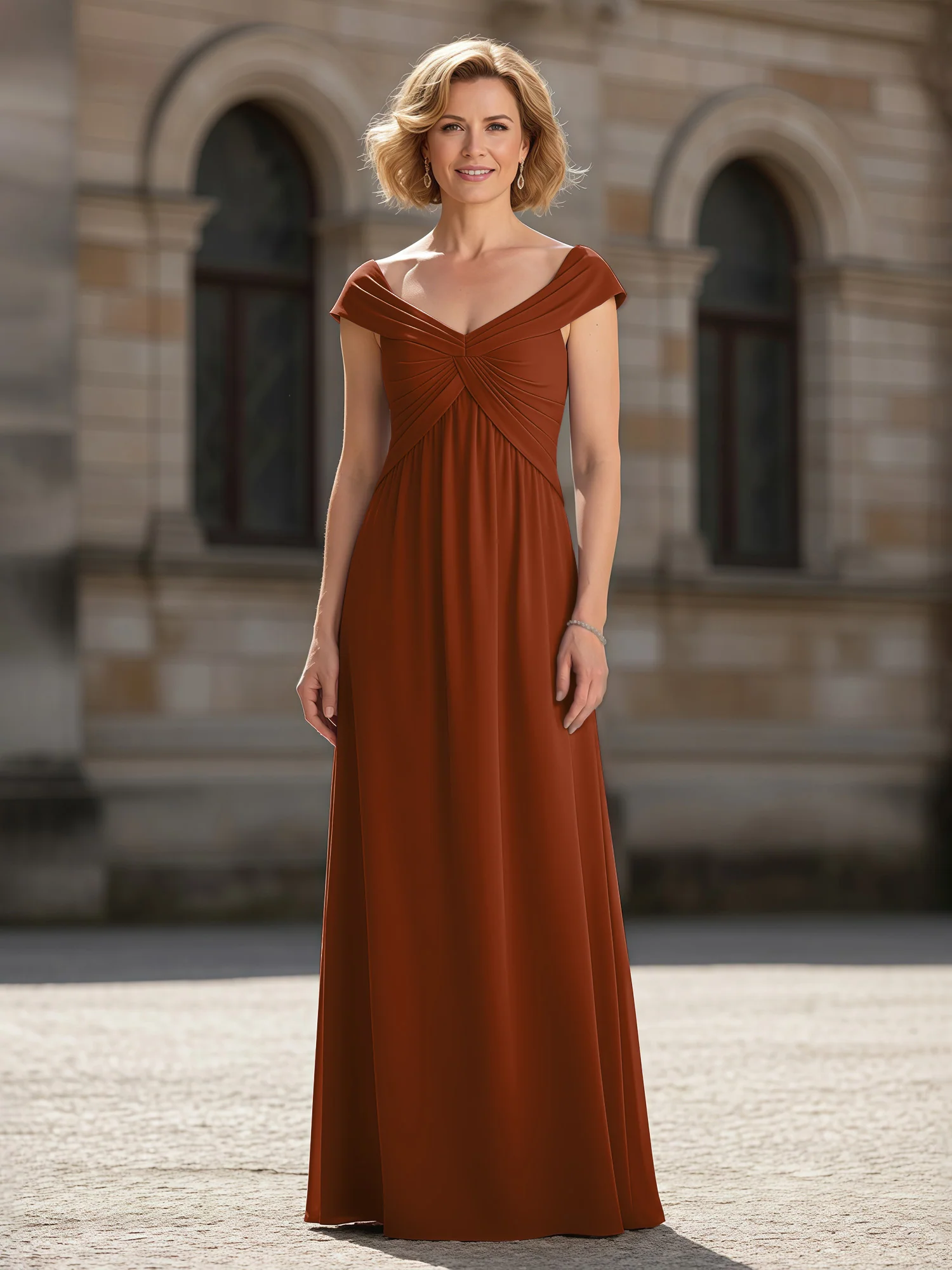 Pleated A-Line Chiffon Floor-Length Dress Terracotta
